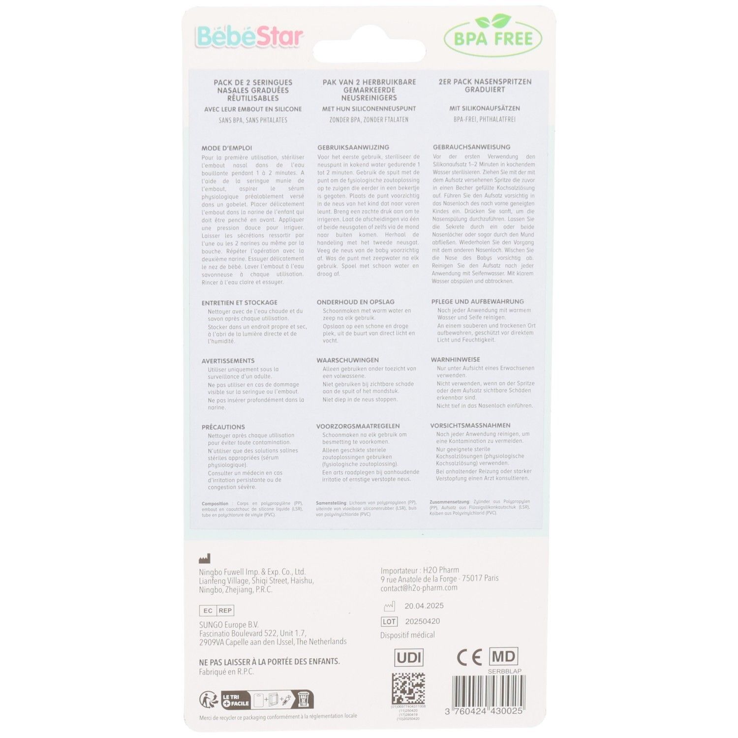 Dos de l'emballage de deux seringues pour bébé avec informations produit et certifications.
