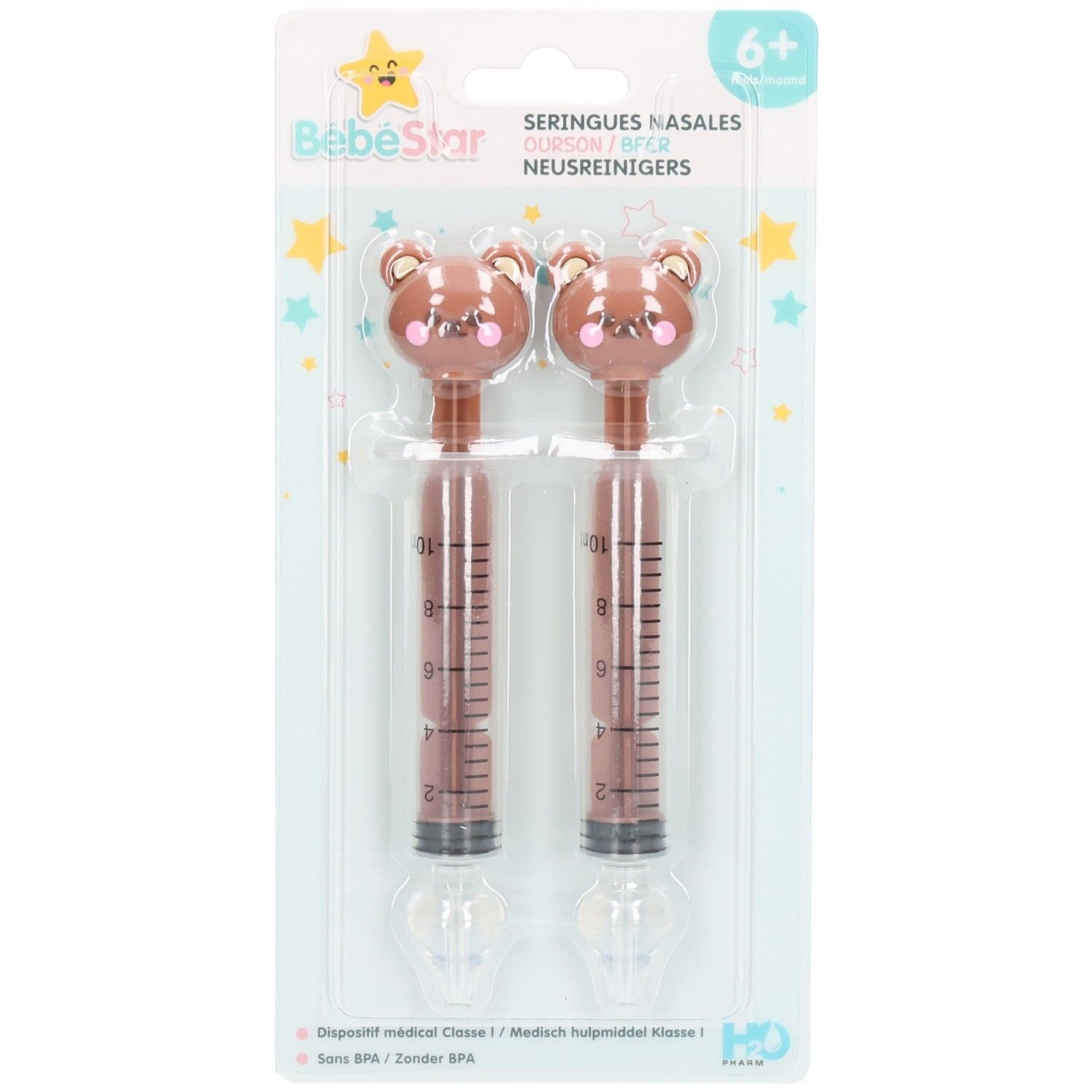 Deux seringues nasales avec design ours, graduées jusqu'à 10 ml.