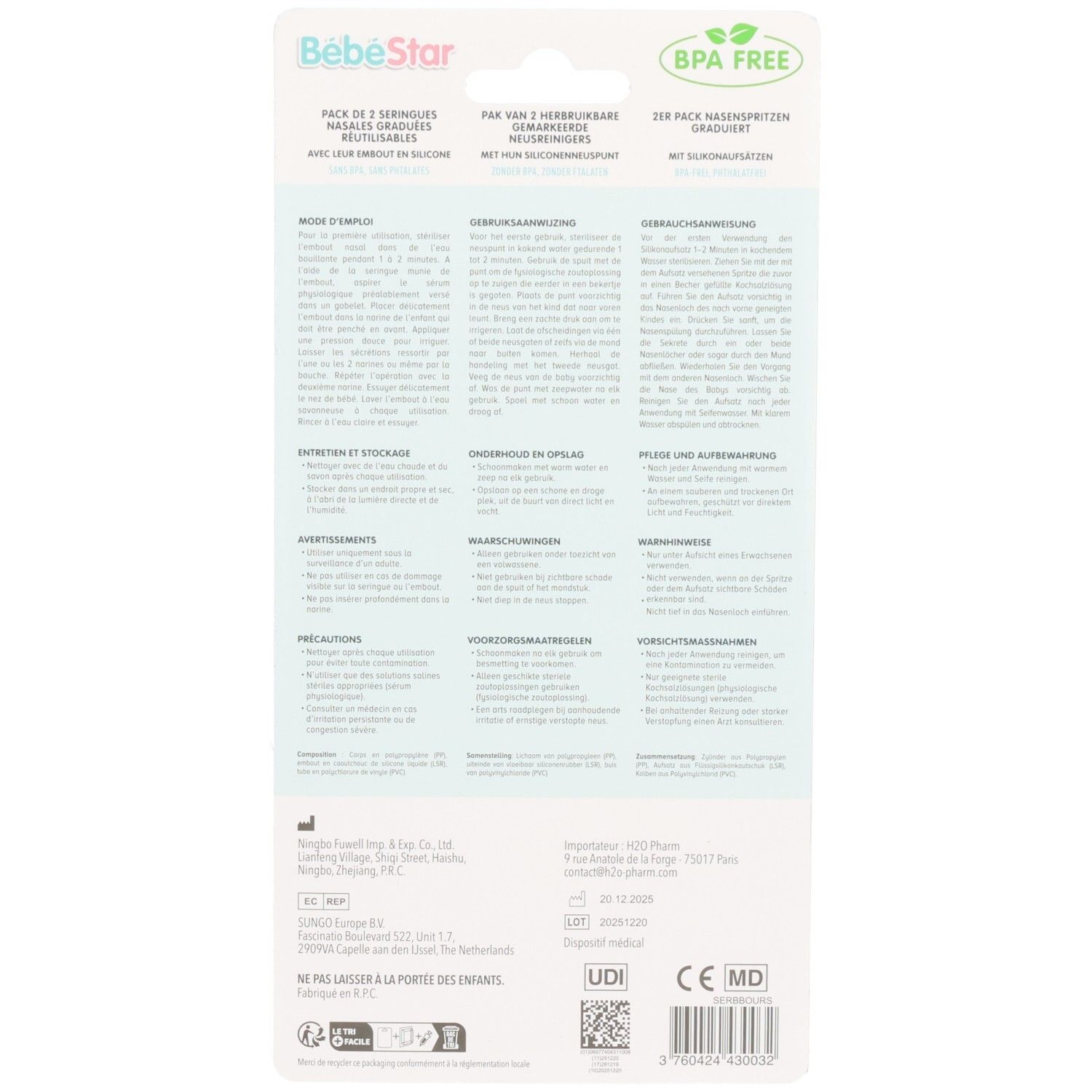 Arrière de l'emballage avec instructions et informations produit.