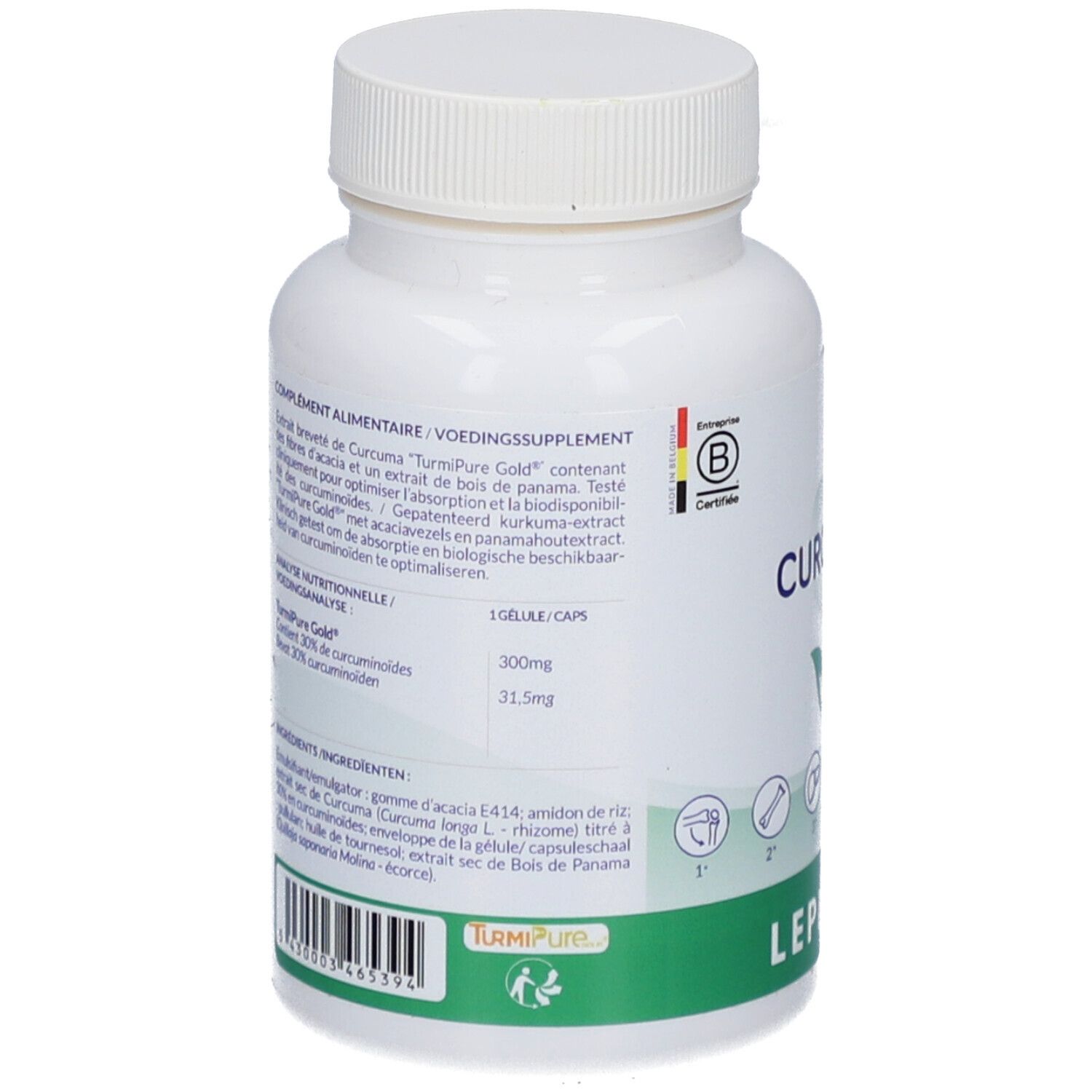 Dos du flacon blanc. Texte multilingue. Ingrédients et informations nutritionnelles. Logo LEPIVITS. Certification.