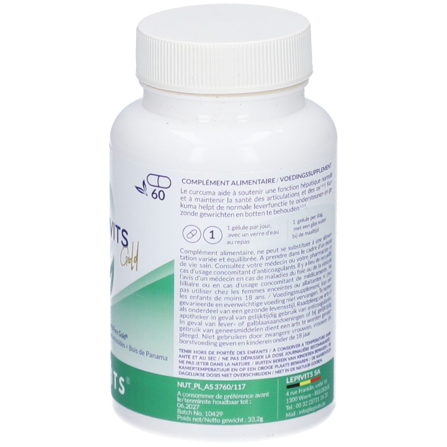 Dos du flacon blanc. Texte multilingue. Ingrédients et informations nutritionnelles. Logo LEPIVITS. 60 gélules.