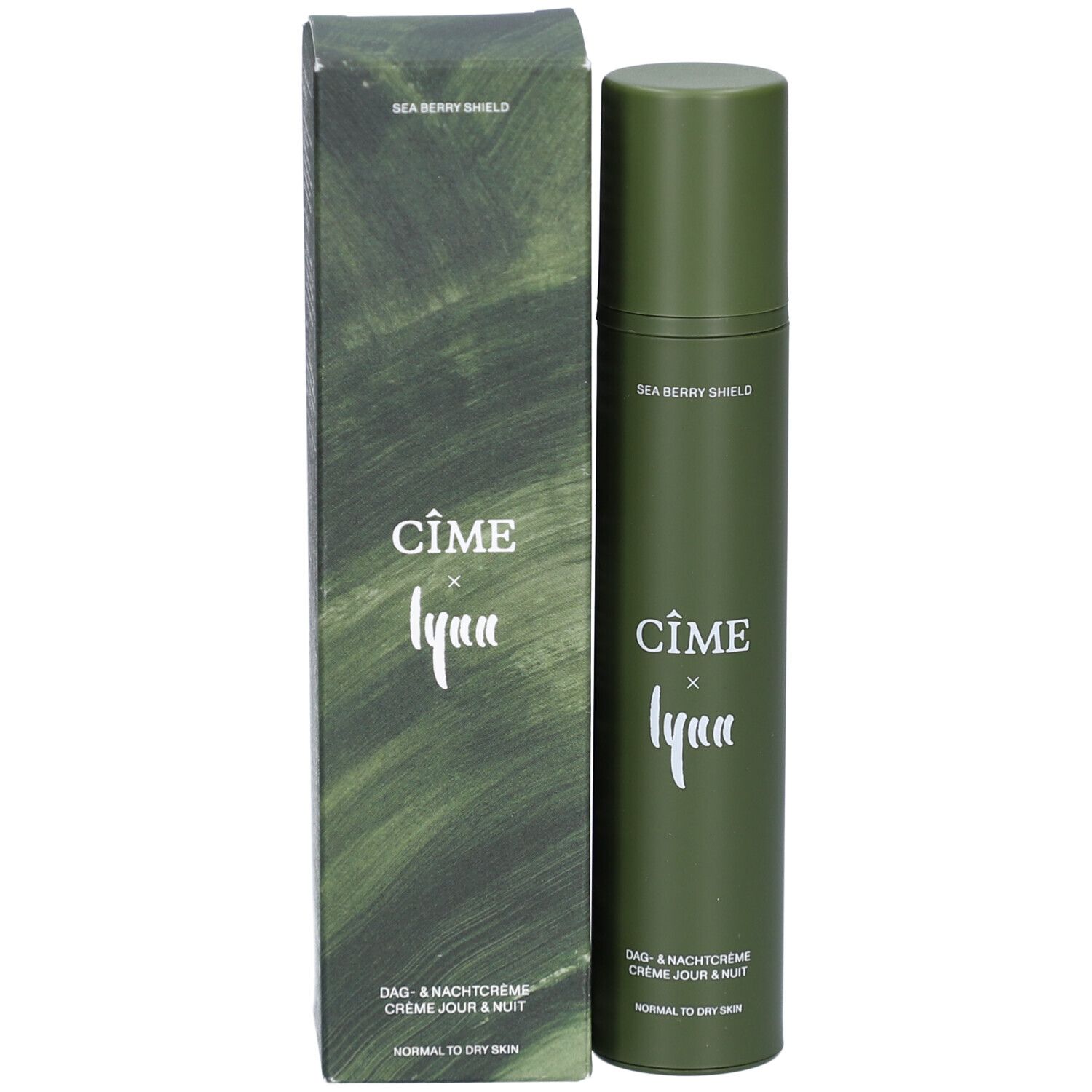 Emballage du produit avec flacon. Texte: CÎME, Lynn. Crème jour & nuit. Peaux normales à sèches.