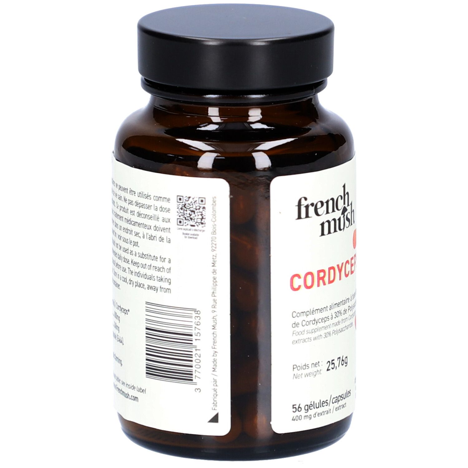 Flacon en verre brun, bouchon noir. Étiquette avec texte et code-barres. Contient 56 gélules. Poids 25,76g. Fabriqué en France.
