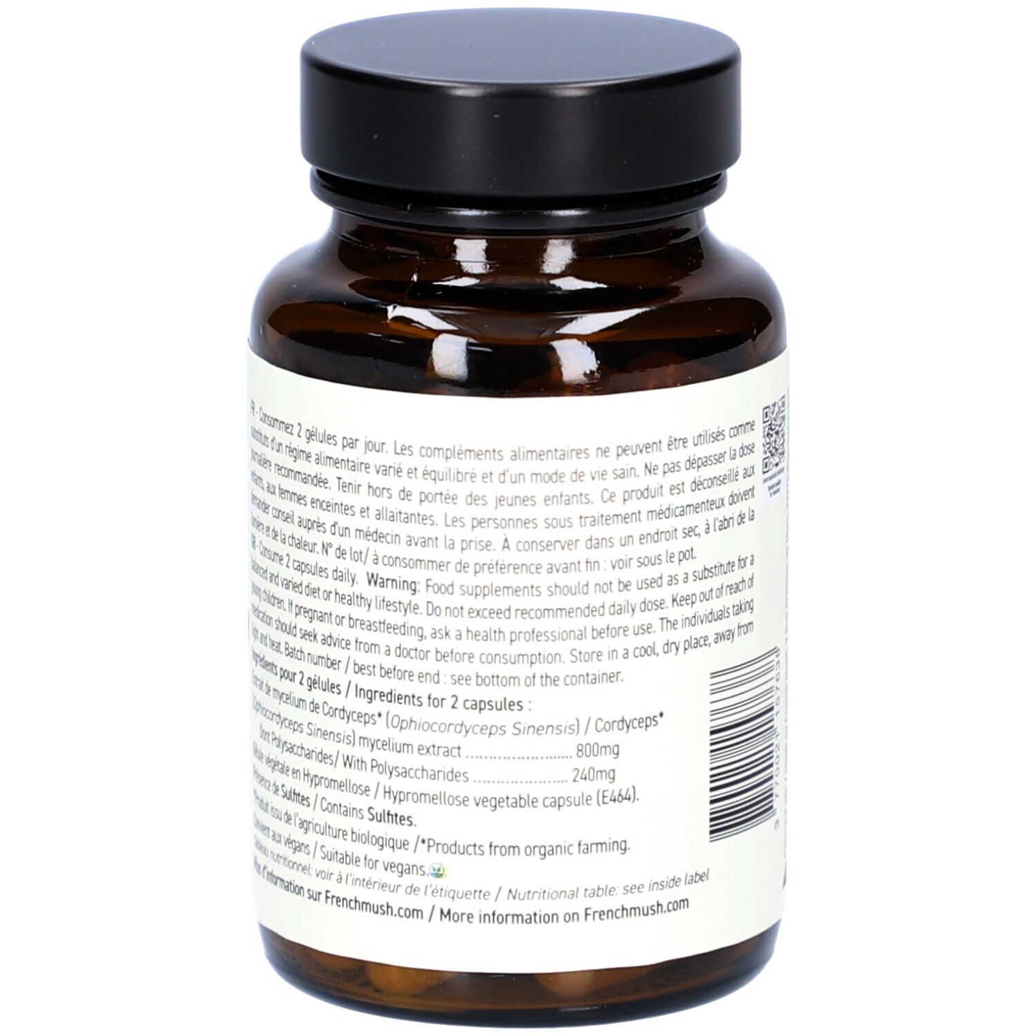 Flacon en verre brun, bouchon noir. Étiquette avec texte. Contient 56 gélules. Liste des ingrédients et tableau nutritionnel. Végétalien.