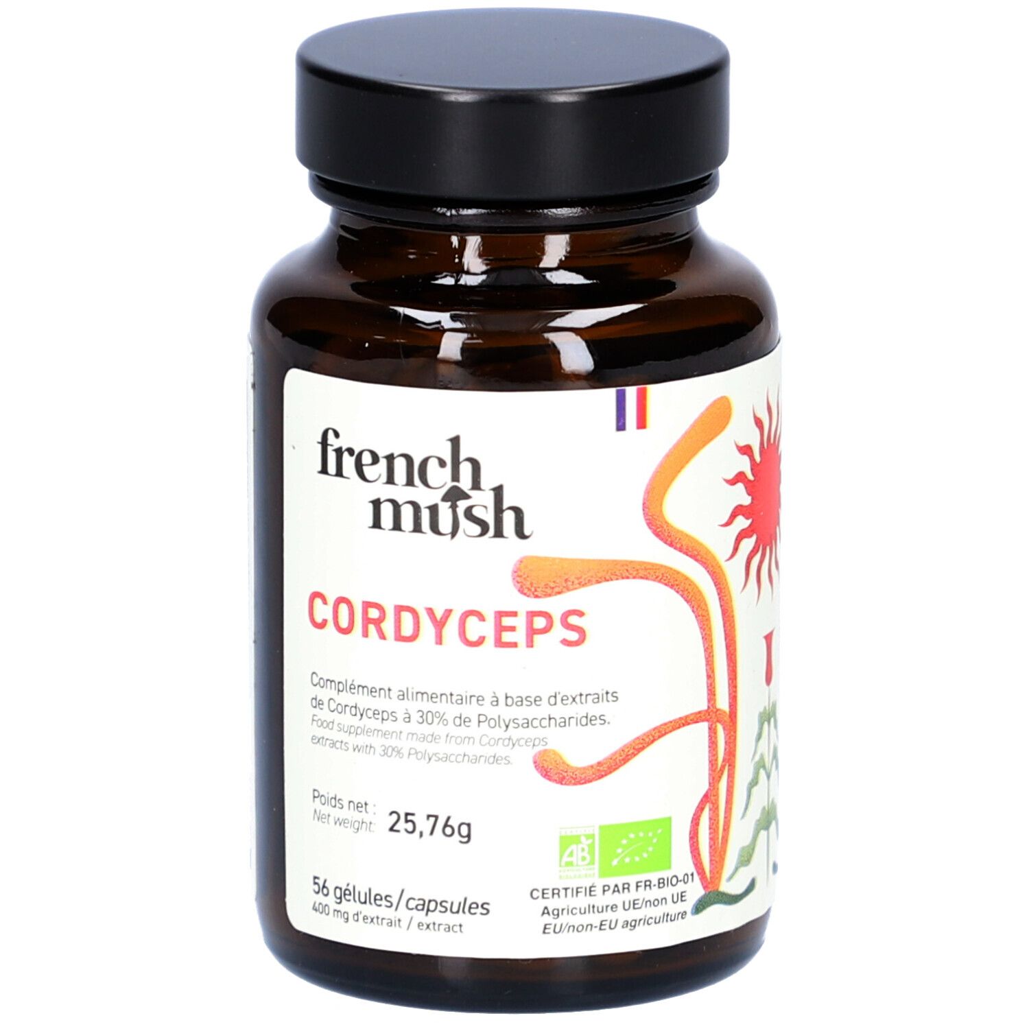 Flacon en verre brun, bouchon noir. Étiquette "French Mush Cordyceps". 56 gélules, 400 mg extrait. Certification AB.