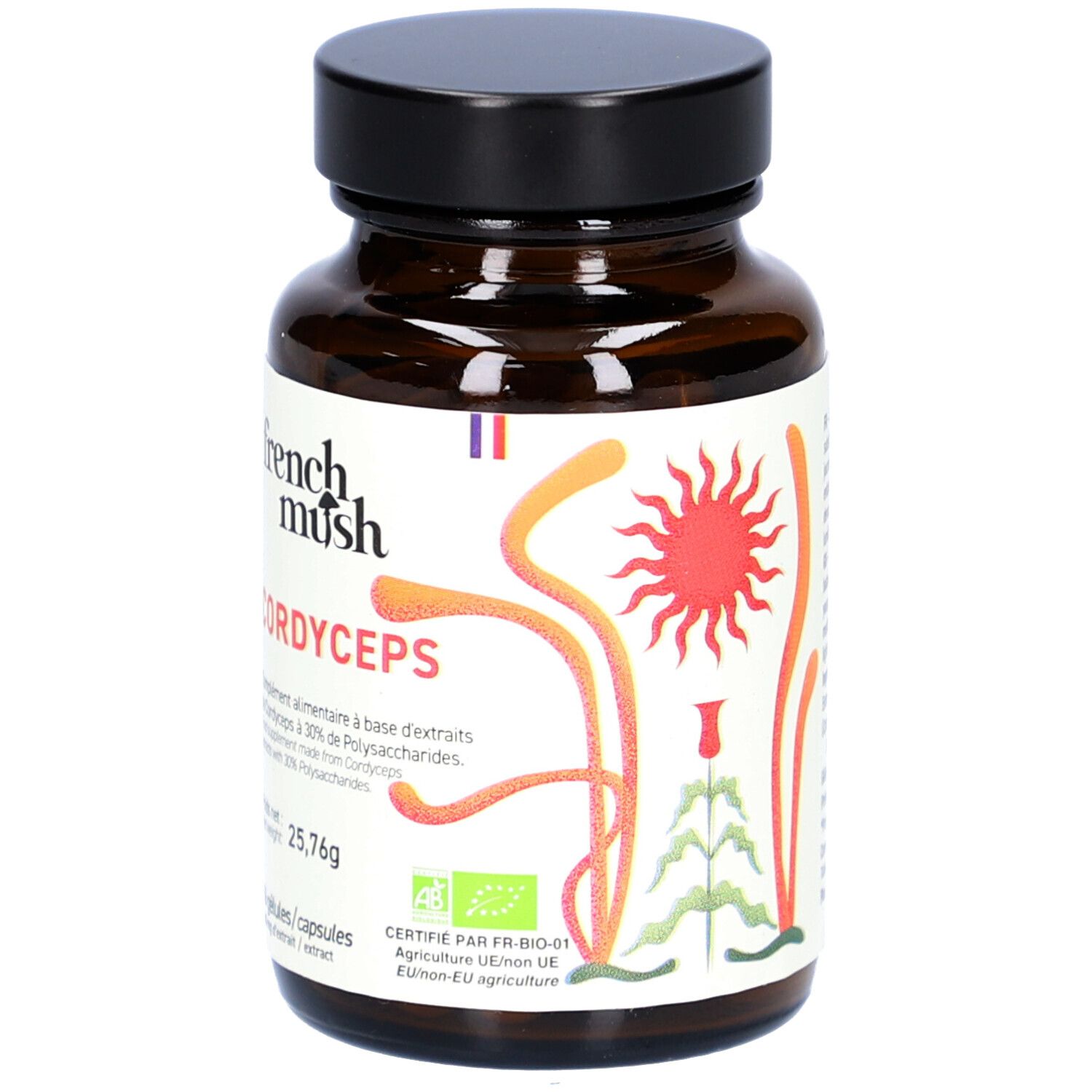 Flacon en verre brun, bouchon noir. Étiquette "French Mush Cordyceps". 56 gélules, 400 mg extrait. Certification AB.
