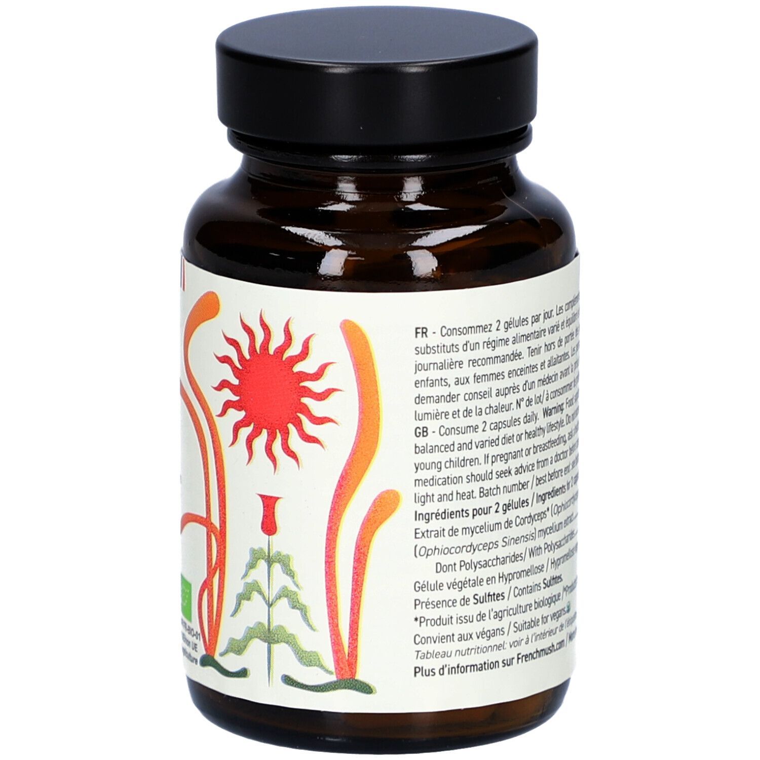 Flacon en verre brun, bouchon noir. Étiquette avec texte. Contient 56 gélules. Liste des ingrédients et tableau nutritionnel. Végétalien.