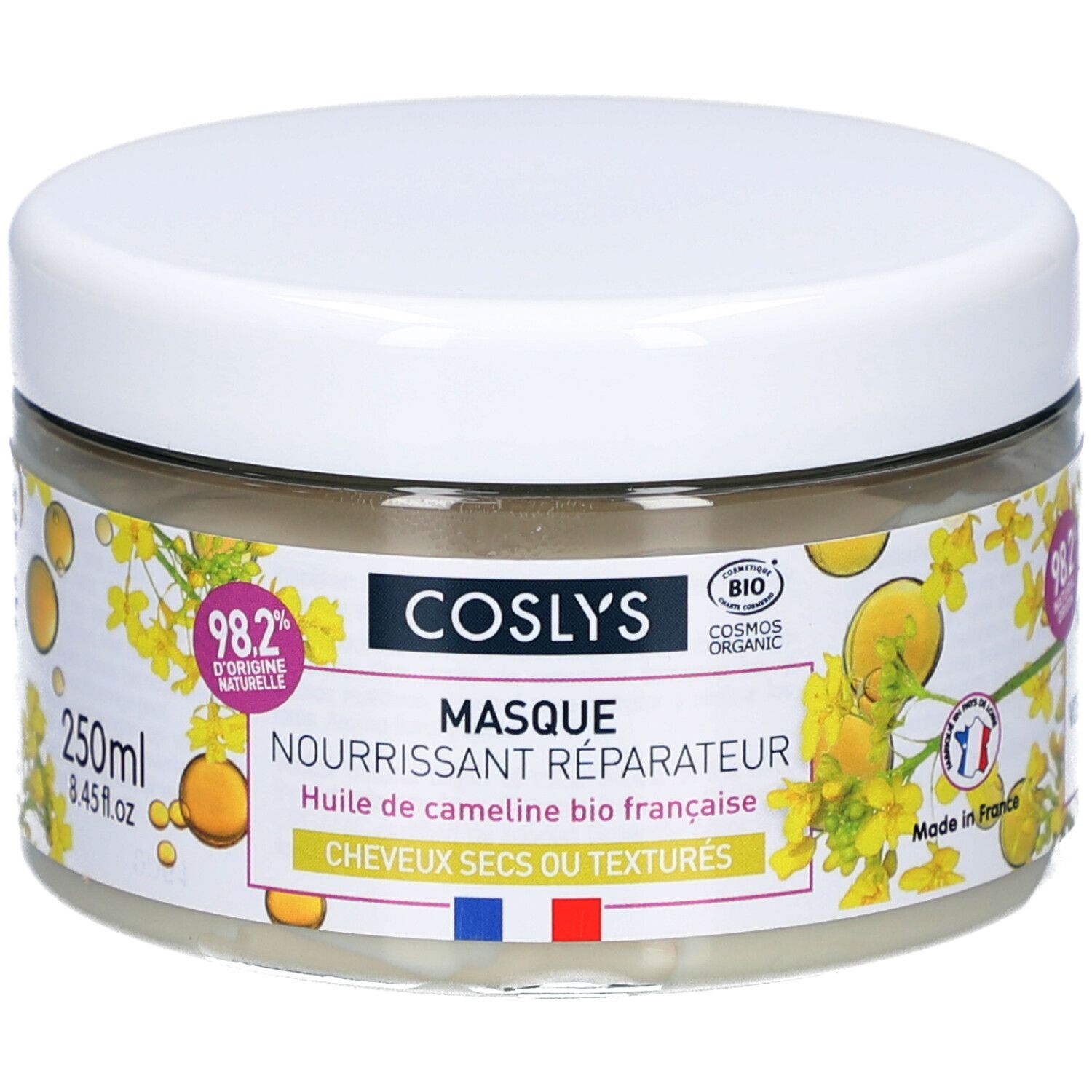 Pot en verre avec couvercle blanc. Inscription : Coslys Masque Nourrissant Réparateur. Contient 98,2% d'origine naturelle. Avec label bio français.