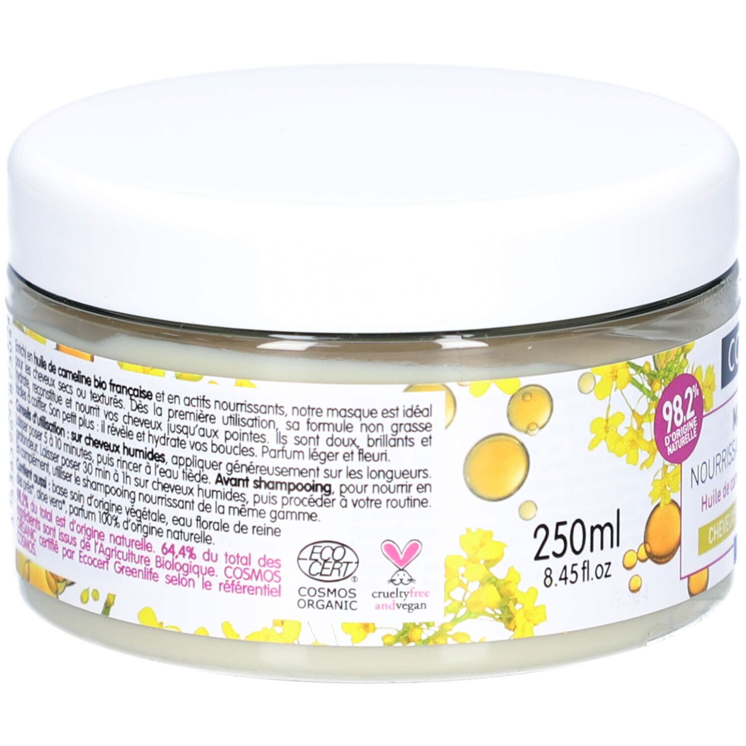 Pot en verre avec couvercle blanc. Inscription : Coslys Masque Nourrissant Réparateur. Dos avec texte et logos. Contient 250ml.