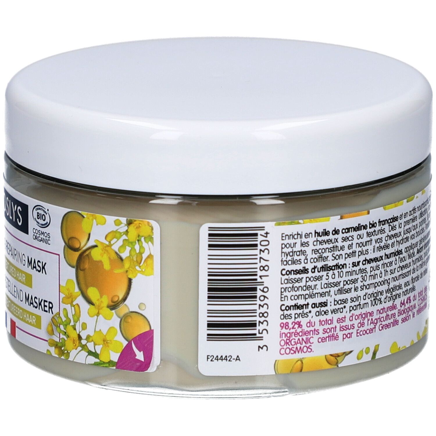 Pot en verre avec couvercle blanc. Inscription : Coslys Masque Nourrissant Réparateur. Dos avec texte, code-barres et logos. Contient 250ml.