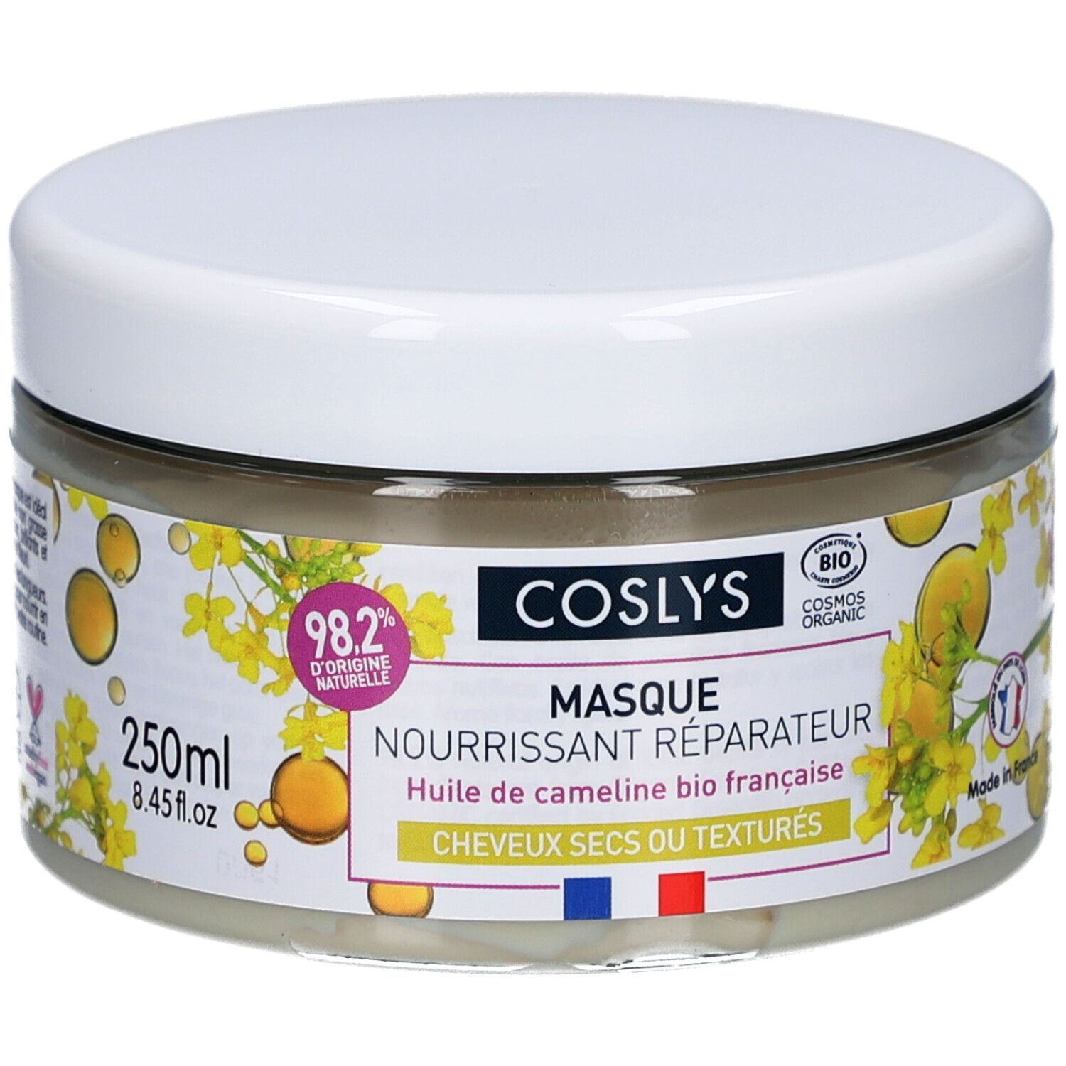 Pot en verre avec couvercle blanc. Inscription : Coslys Masque Nourrissant Réparateur. Contient 98,2% d'origine naturelle. Avec label bio français.