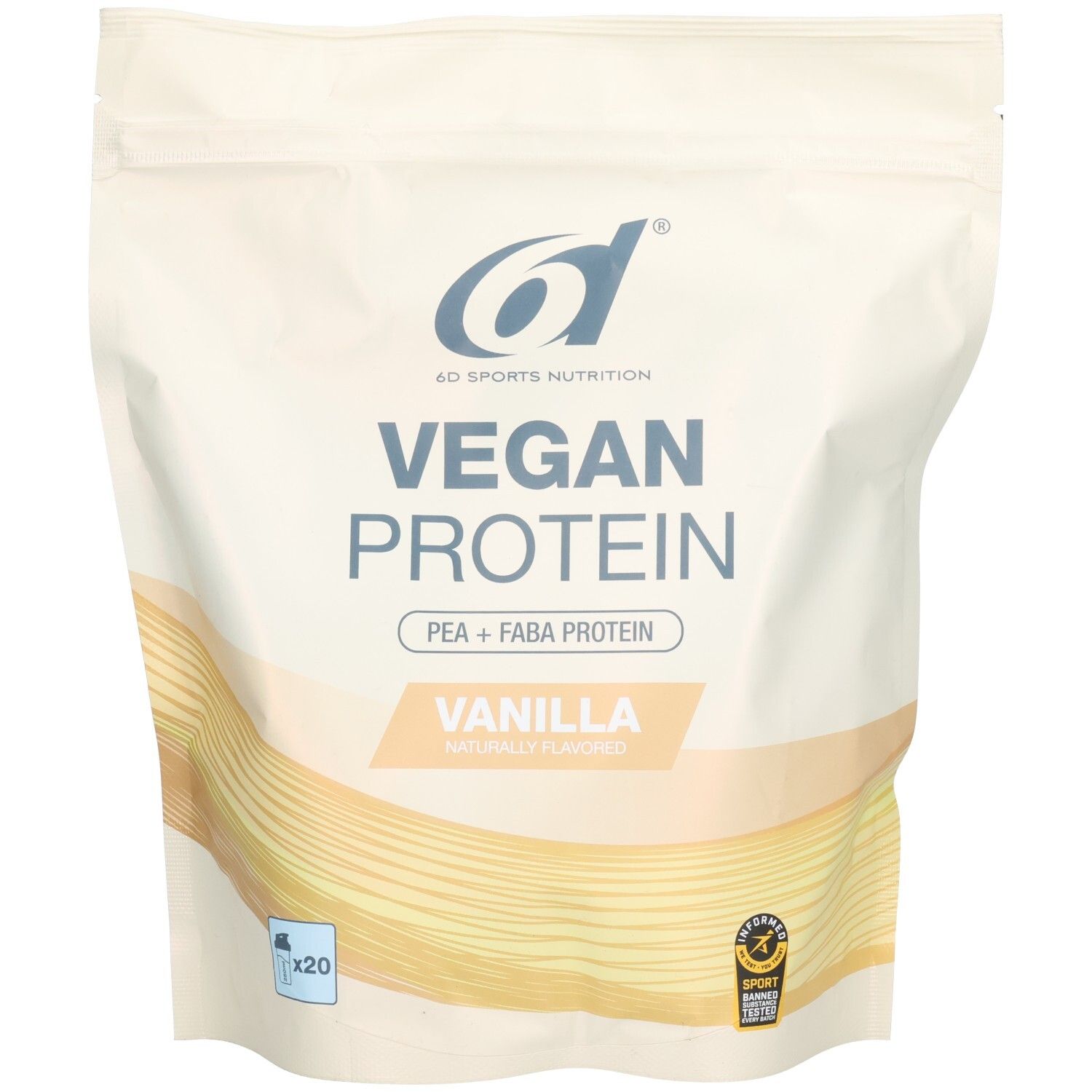 Sachet de Vegan Protein 6D Sports Nutrition. Inscription: Vegan Protein, Vanille. Contient des protéines de pois et de fèves. Avec logo.