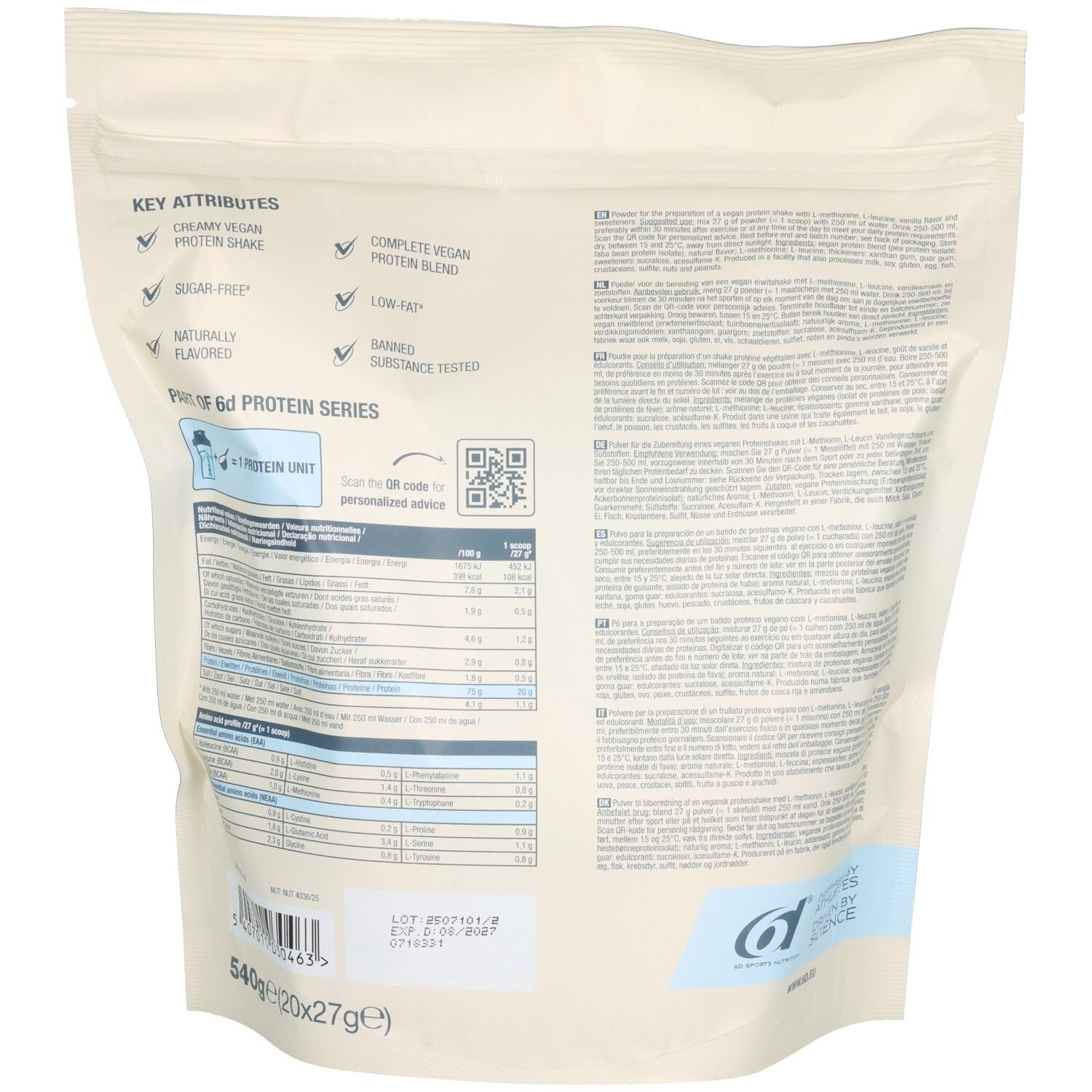 Dos du sachet. Contient des informations sur les ingrédients et la valeur nutritionnelle. Avec logo et code QR. Inscription: Vegan Protein Series.