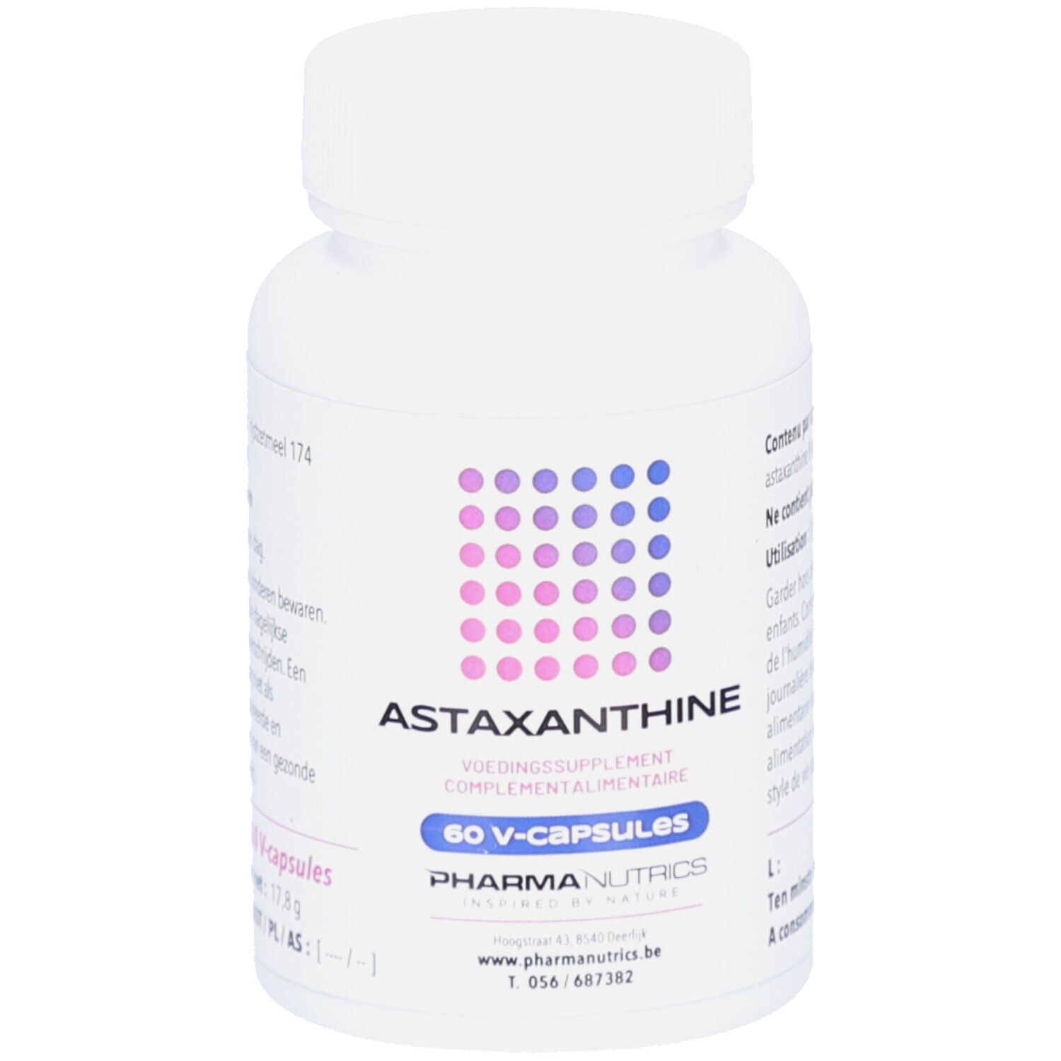 Flacon blanc de gélules d'Astaxanthine. Inscription : Astaxanthine, 60 V-capsules, Pharma Nutrics.