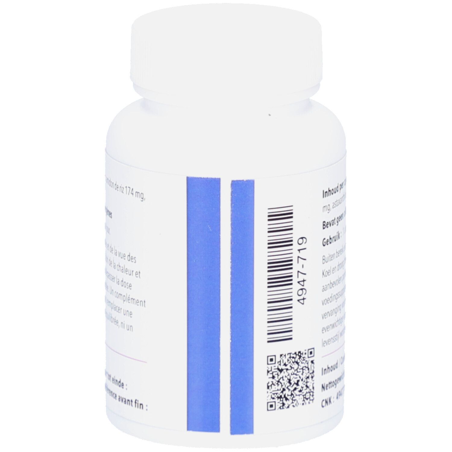 Dos de la bouteille blanche avec bande bleue et code-barres. Informations sur les ingrédients et l'utilisation.