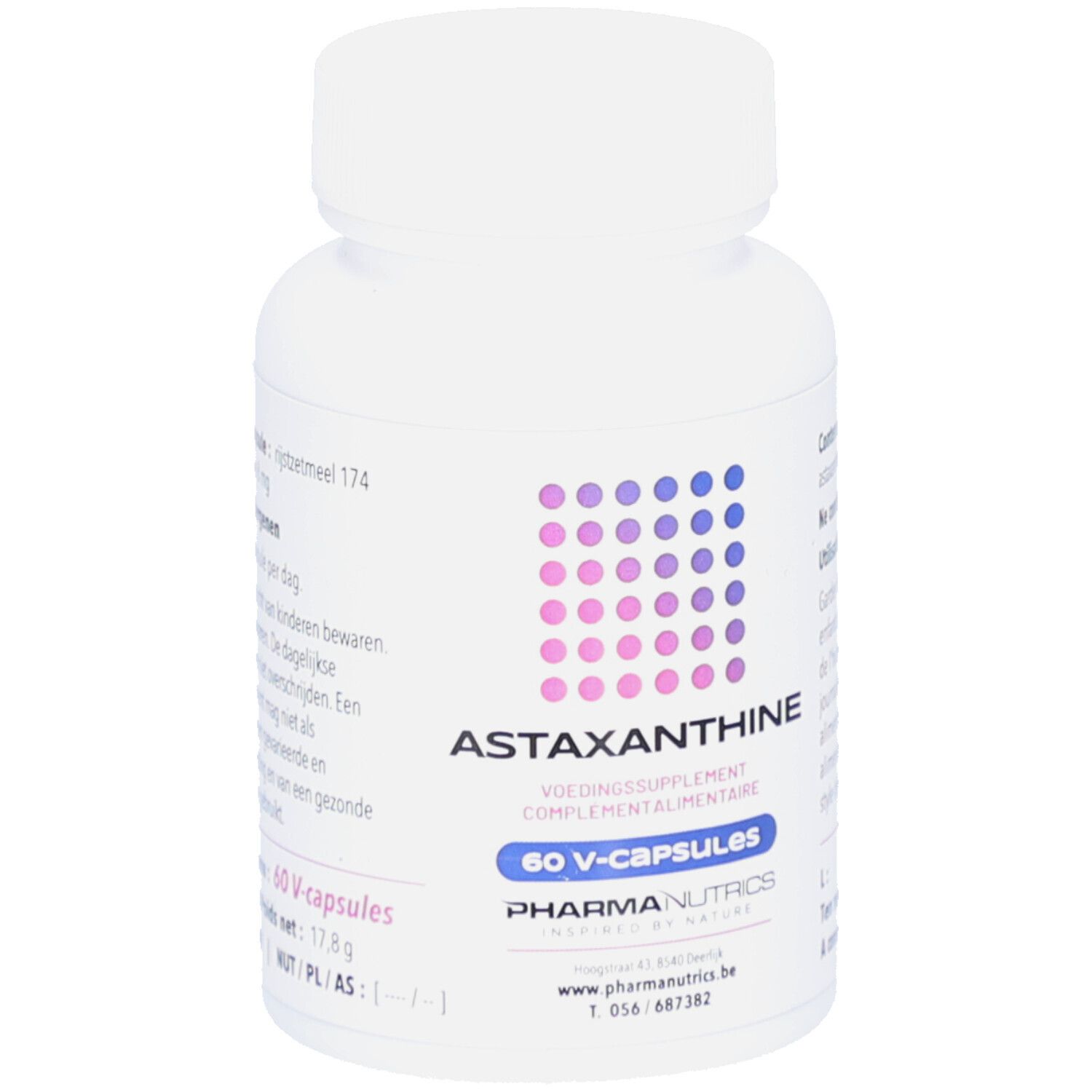 Flacon blanc de gélules d'Astaxanthine. Inscription : Astaxanthine, 60 V-capsules, Pharma Nutrics.