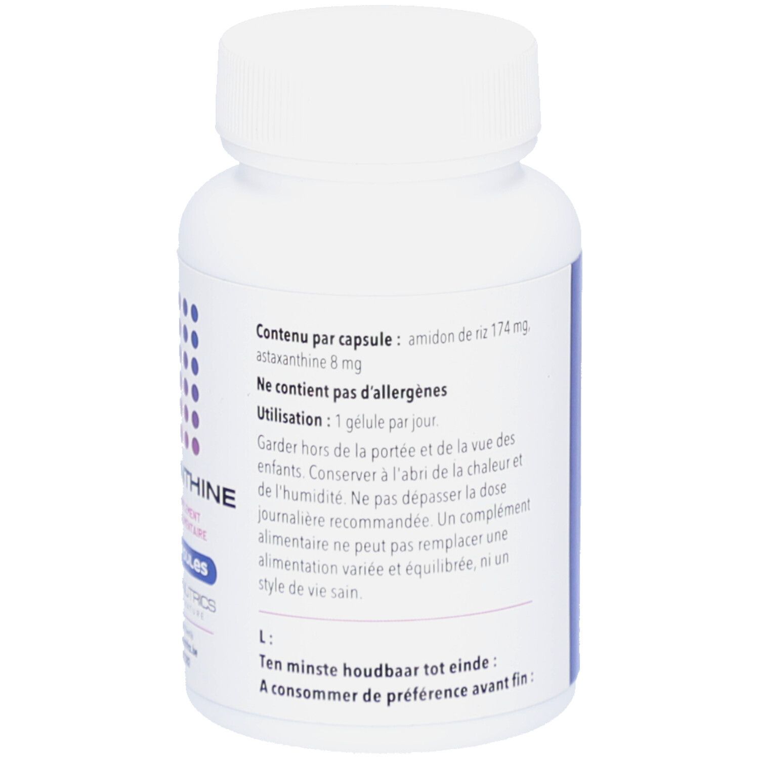 Dos de la bouteille blanche avec informations. Contient : 60 V-capsules. Ingrédients, mode d'emploi.