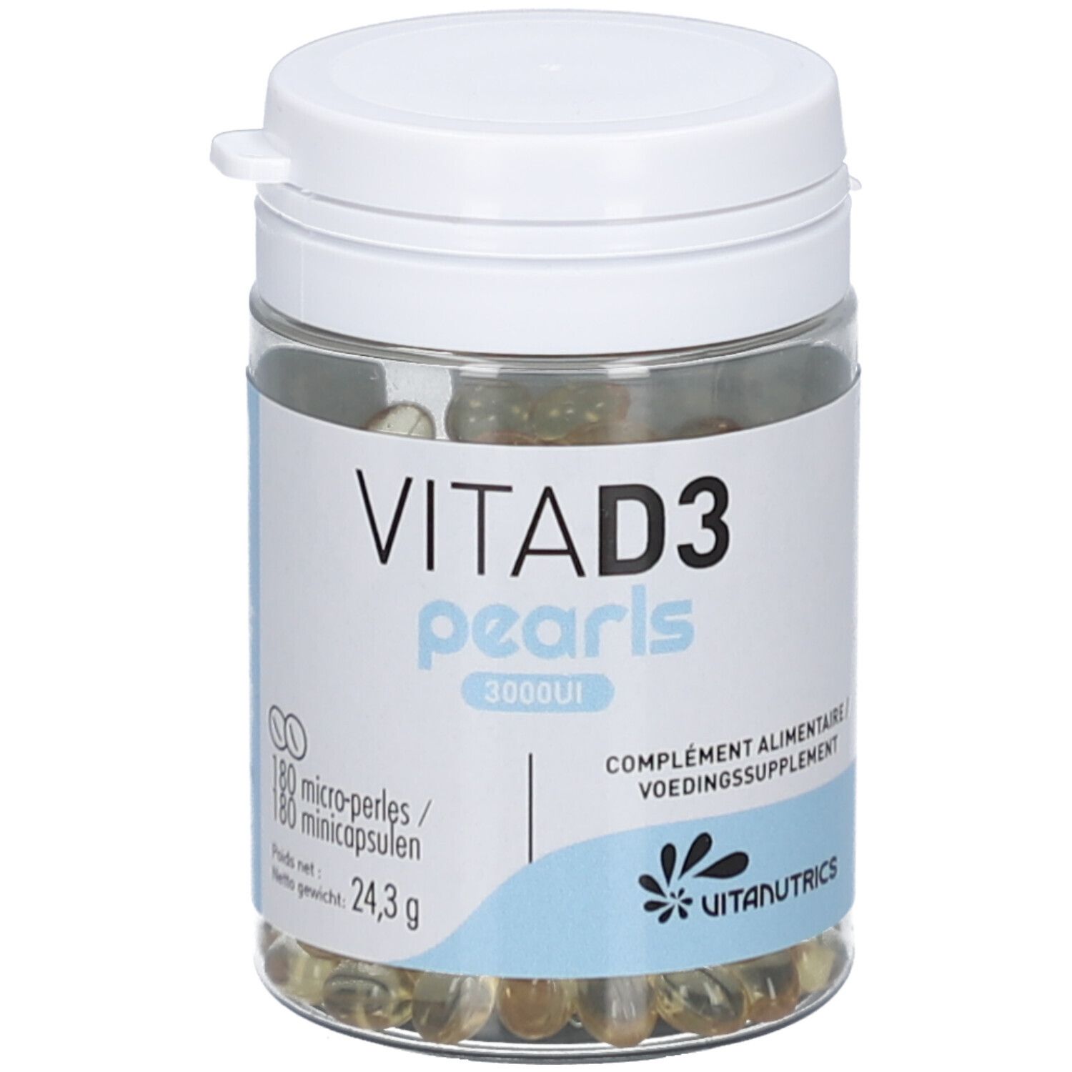 Flacon transparent avec couvercle blanc. Inscription: VITA D3 pearls 3000UI. Contient 180 capsules. Marque: Vitanutrics.