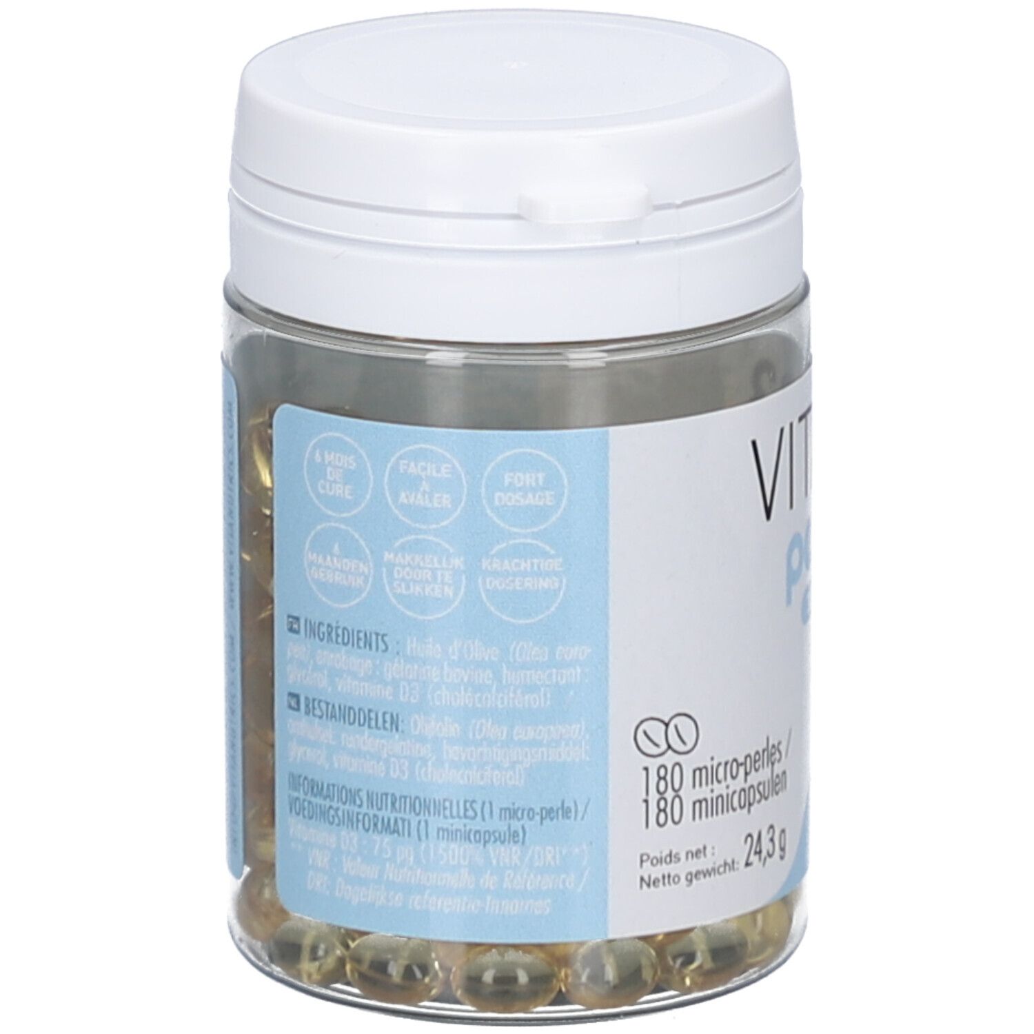 Dos de la bouteille avec informations. Contient ingrédients, informations nutritionnelles et mode d'emploi. Marque: Vitanutrics.