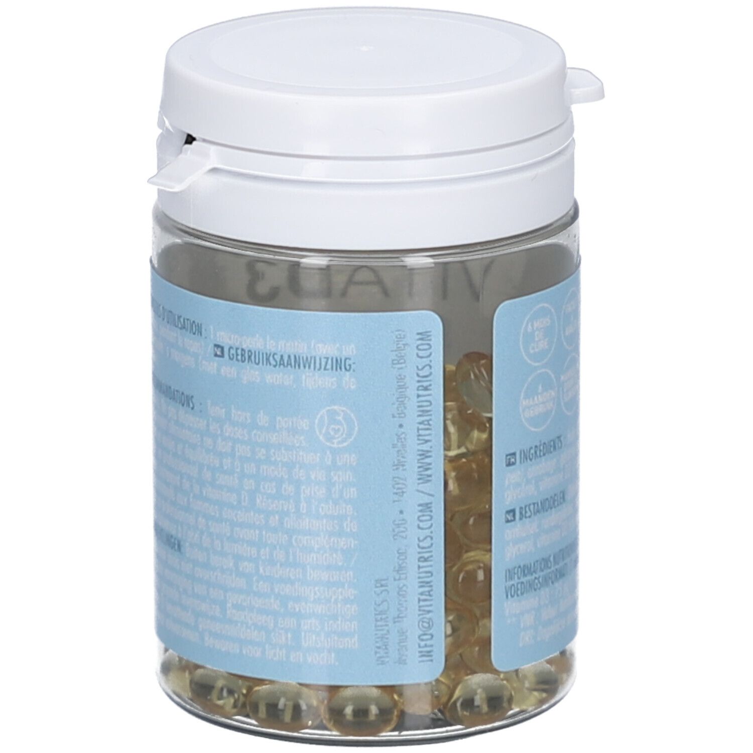 Flacon avec couvercle blanc. Inscription: VITA D3 pearls 3000UI. Contient 180 capsules. Marque: Vitanutrics. Mode d'emploi.