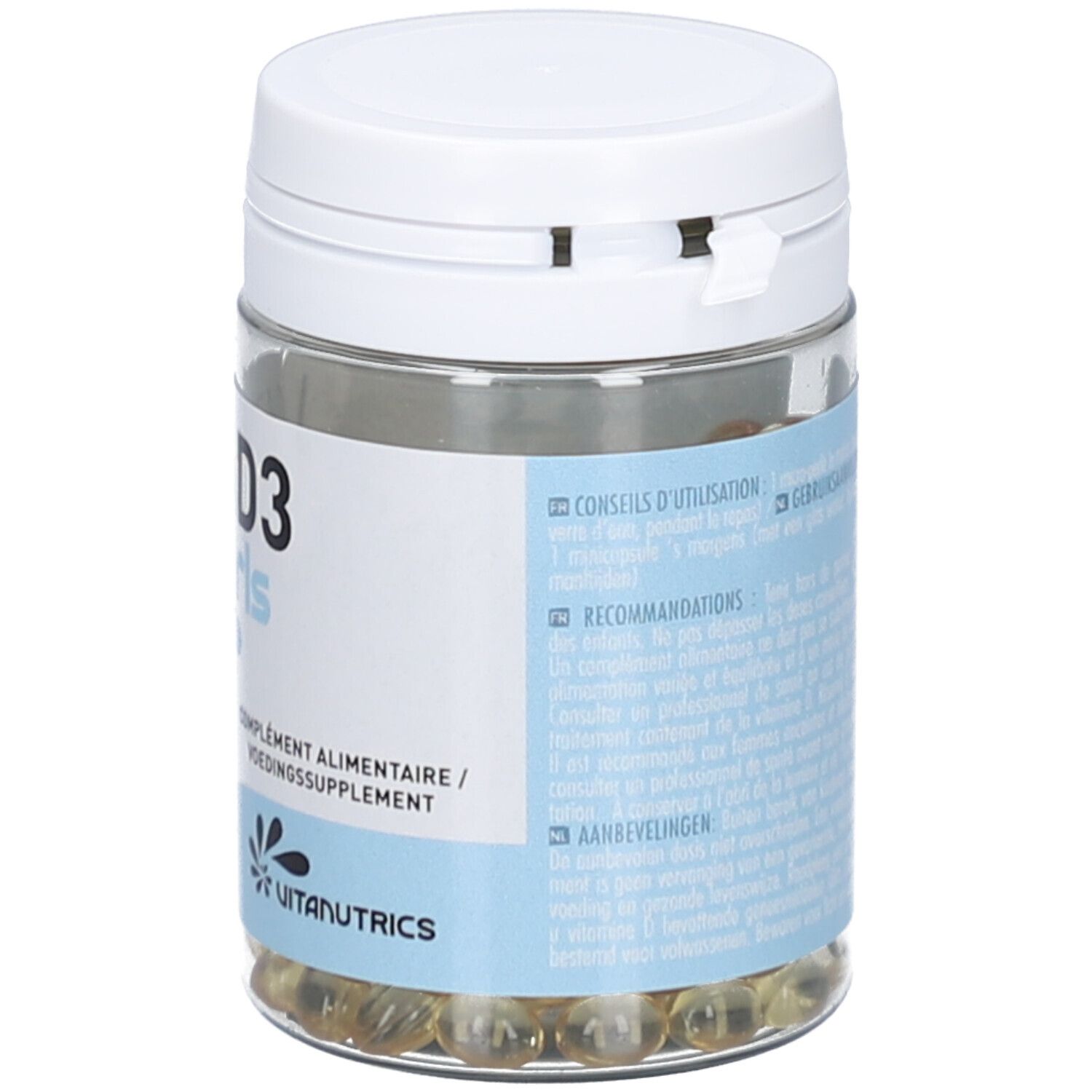 Flacon avec couvercle blanc. Inscription: VITA D3 pearls 3000UI. Contient 180 capsules. Marque: Vitanutrics. Conseils d'utilisation.