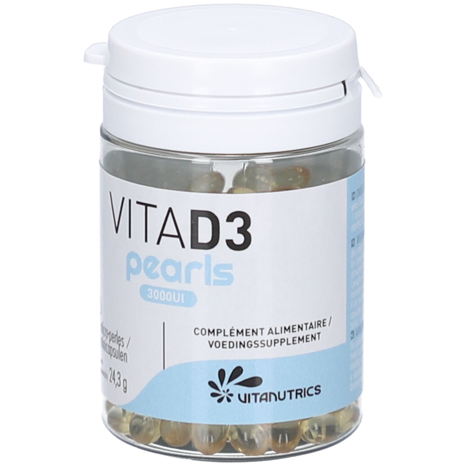 Flacon transparent avec couvercle blanc. Inscription: VITA D3 pearls 3000UI. Contient 180 capsules. Marque: Vitanutrics.