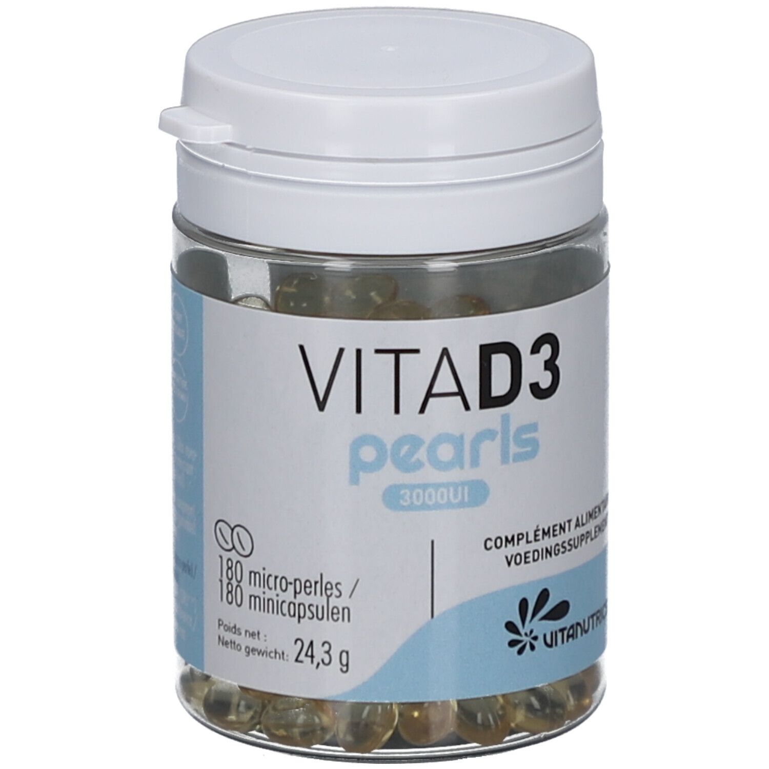 Flacon transparent avec couvercle blanc. Inscription: VITA D3 pearls 3000UI. Contient 180 capsules. Marque: Vitanutrics.