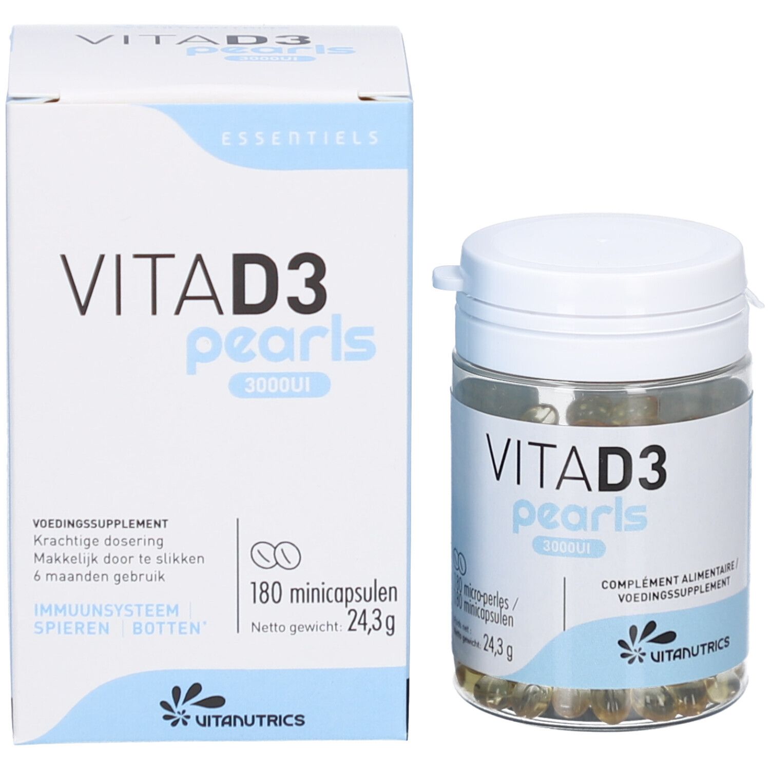 Emballage et flacon. Inscription: VITA D3 pearls 3000UI. Contient 180 capsules. Marque: Vitanutrics.