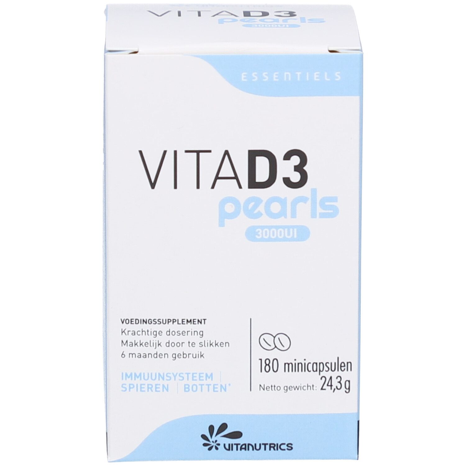 Emballage du produit. Inscription: VITA D3 pearls 3000UI. Contient 180 capsules. Marque: Vitanutrics.