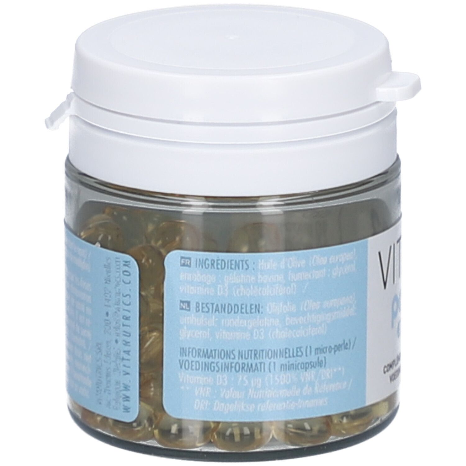 Flacon en verre avec couvercle blanc. Contient des perles jaunâtres. Étiquette avec ingrédients et informations nutritionnelles. Logo Vitanutrics.