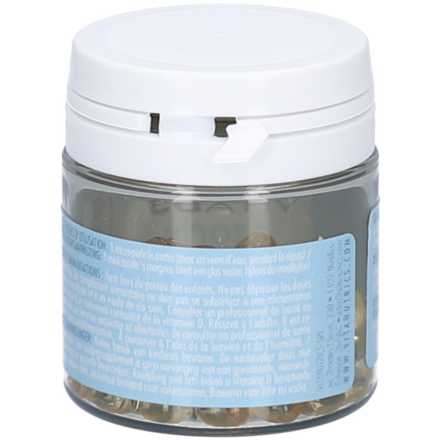 Flacon en verre avec couvercle blanc. Contient des perles jaunâtres. Étiquette avec mode d'emploi et avertissements. Logo Vitanutrics.