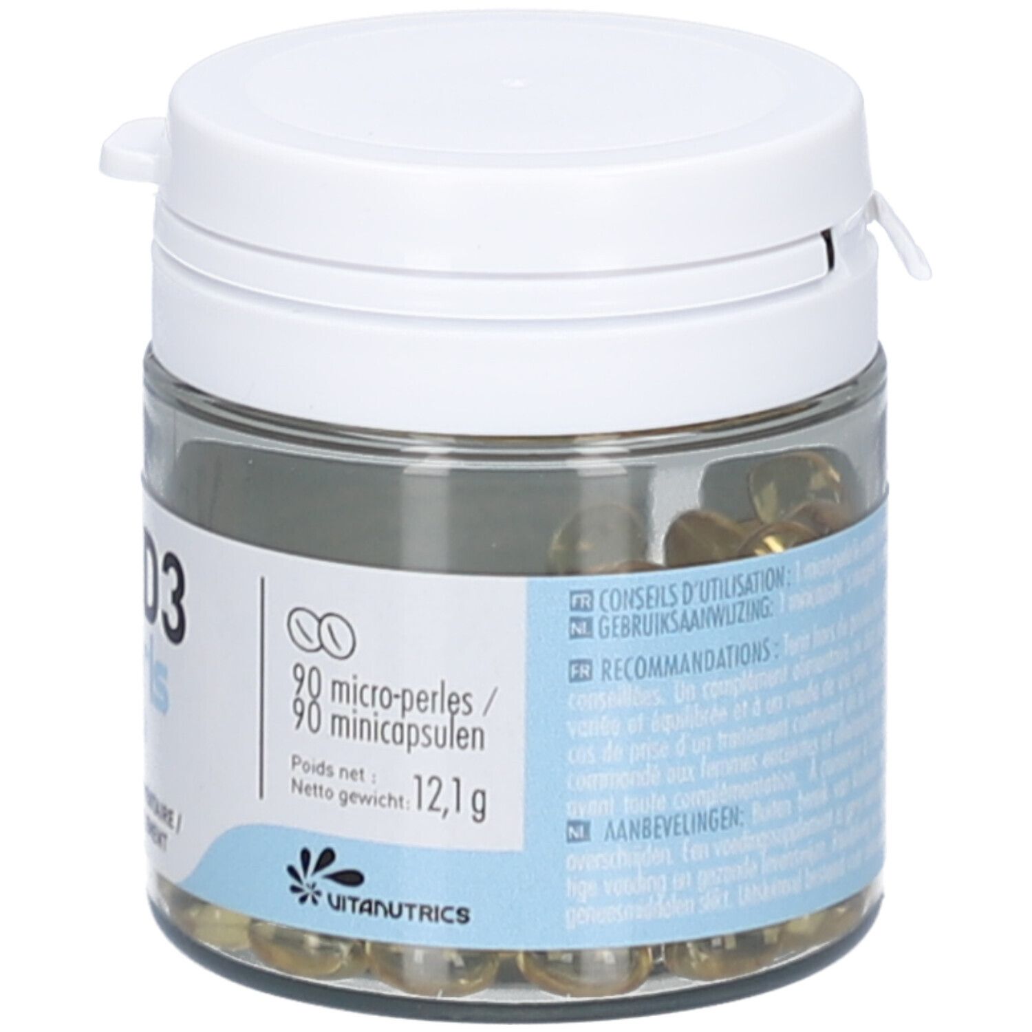 Flacon en verre avec couvercle blanc. Contient des perles jaunâtres. Étiquette avec texte: 90 micro-perles. Poids net 12,1g. Logo Vitanutrics.