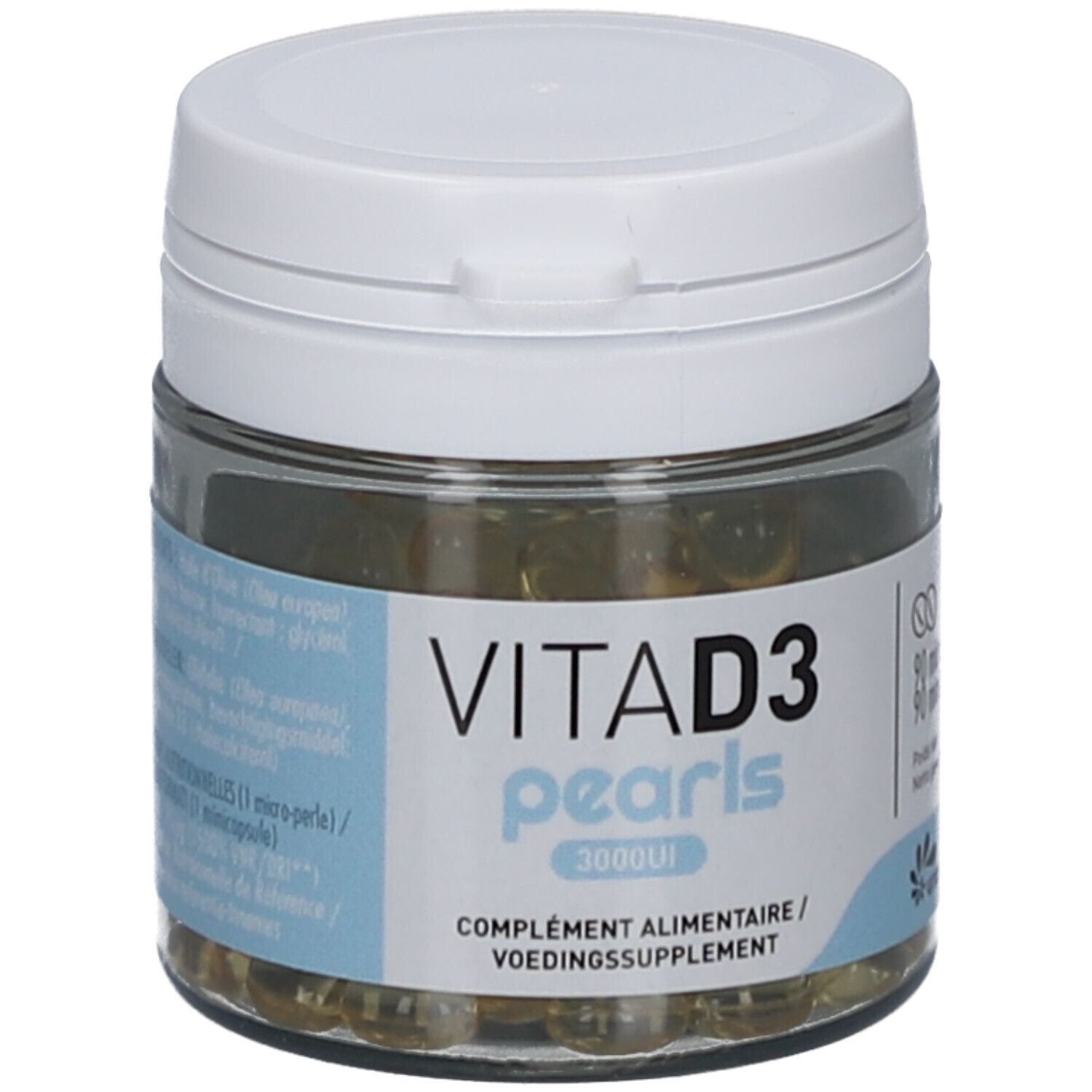 Flacon en verre avec couvercle blanc. Contient des perles jaunâtres. Étiquette avec texte: VITA D3 pearls 3000UI. Complément alimentaire. Logo Vitanutrics.