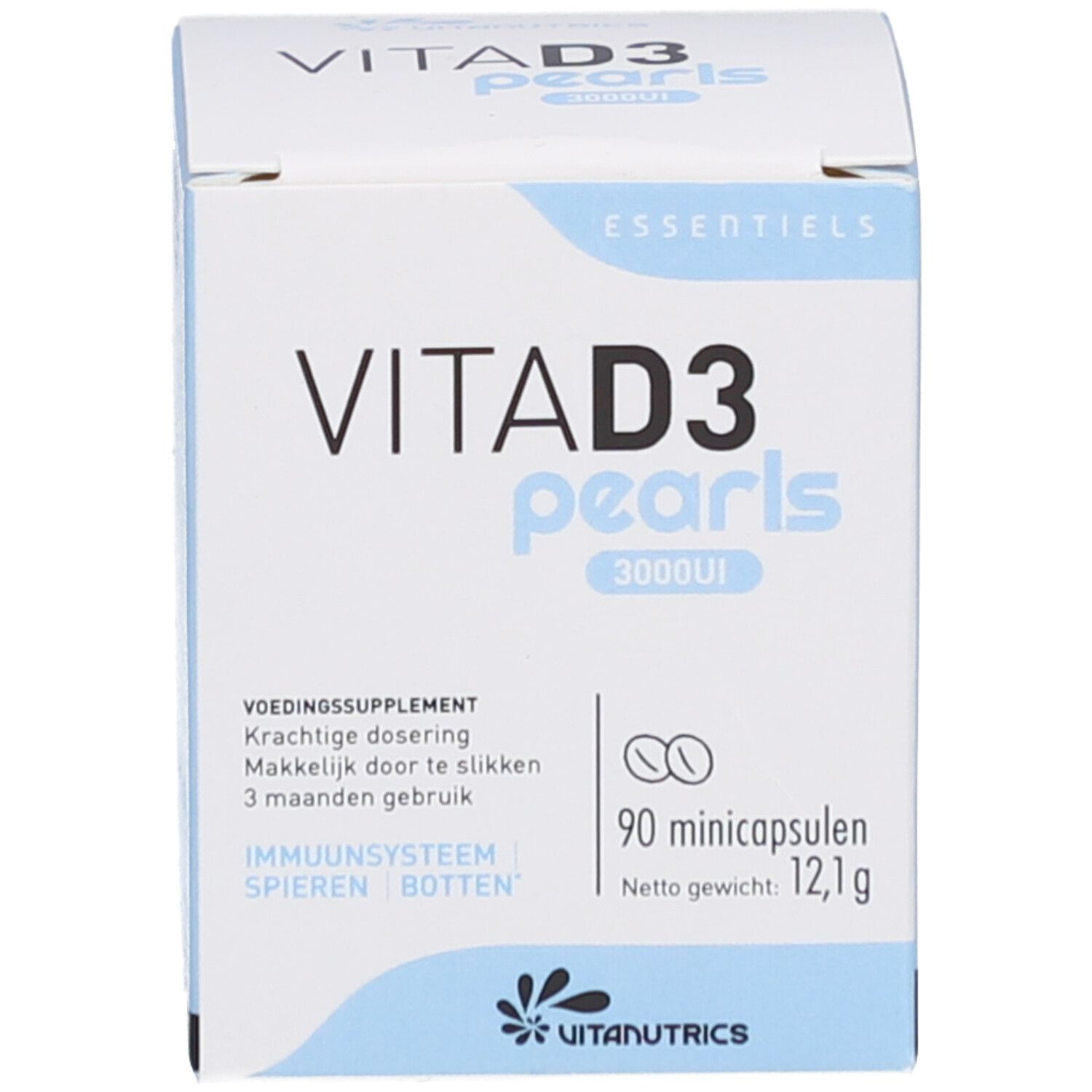 Boîte blanche avec texte: VITA D3 pearls 3000UI. 90 Minicapsules. Complément alimentaire. Logo Vitanutrics. Essentiels.