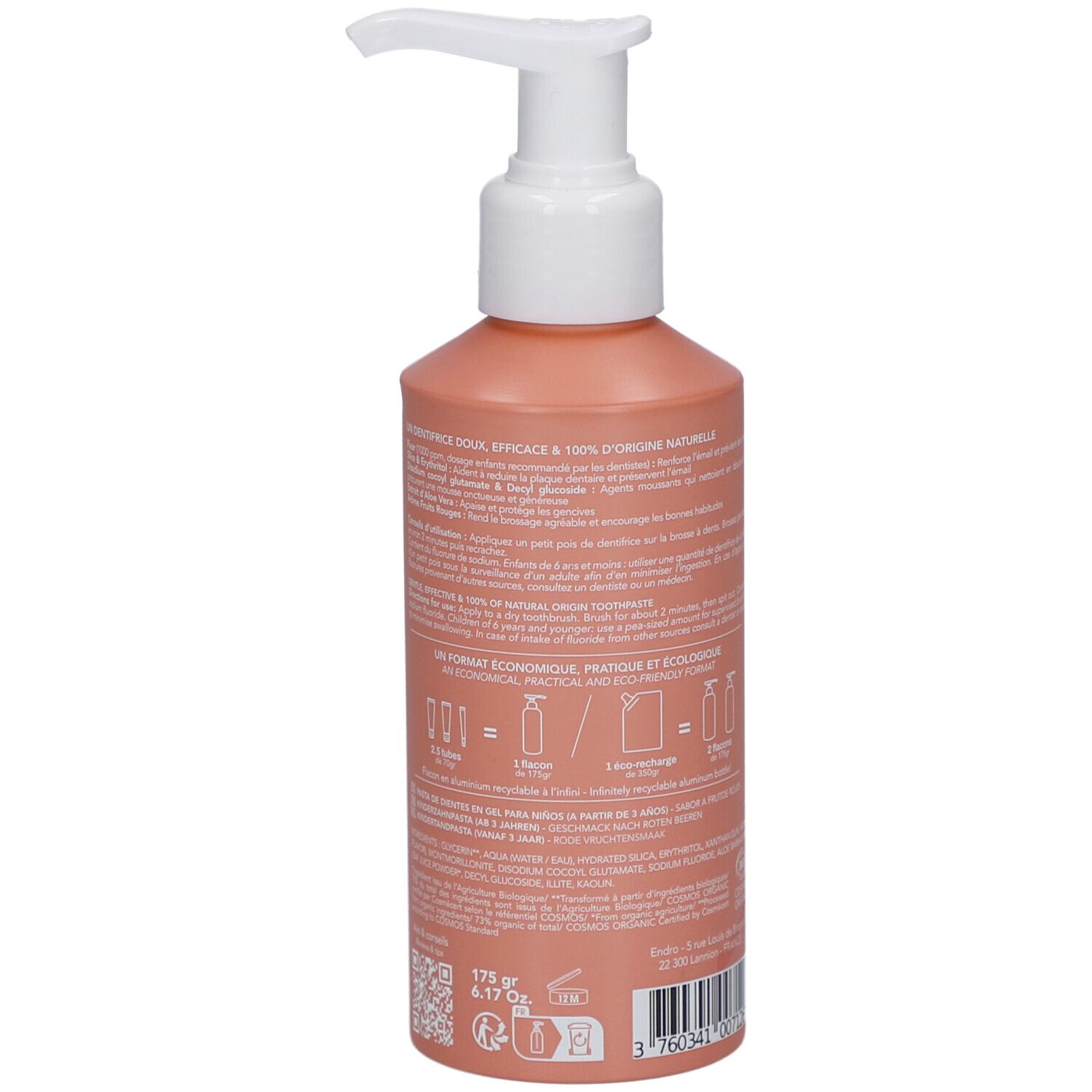 Dos du flacon de dentifrice rouge avec texte. Informations sur les ingrédients. QR code et code-barres. 175 gr.
