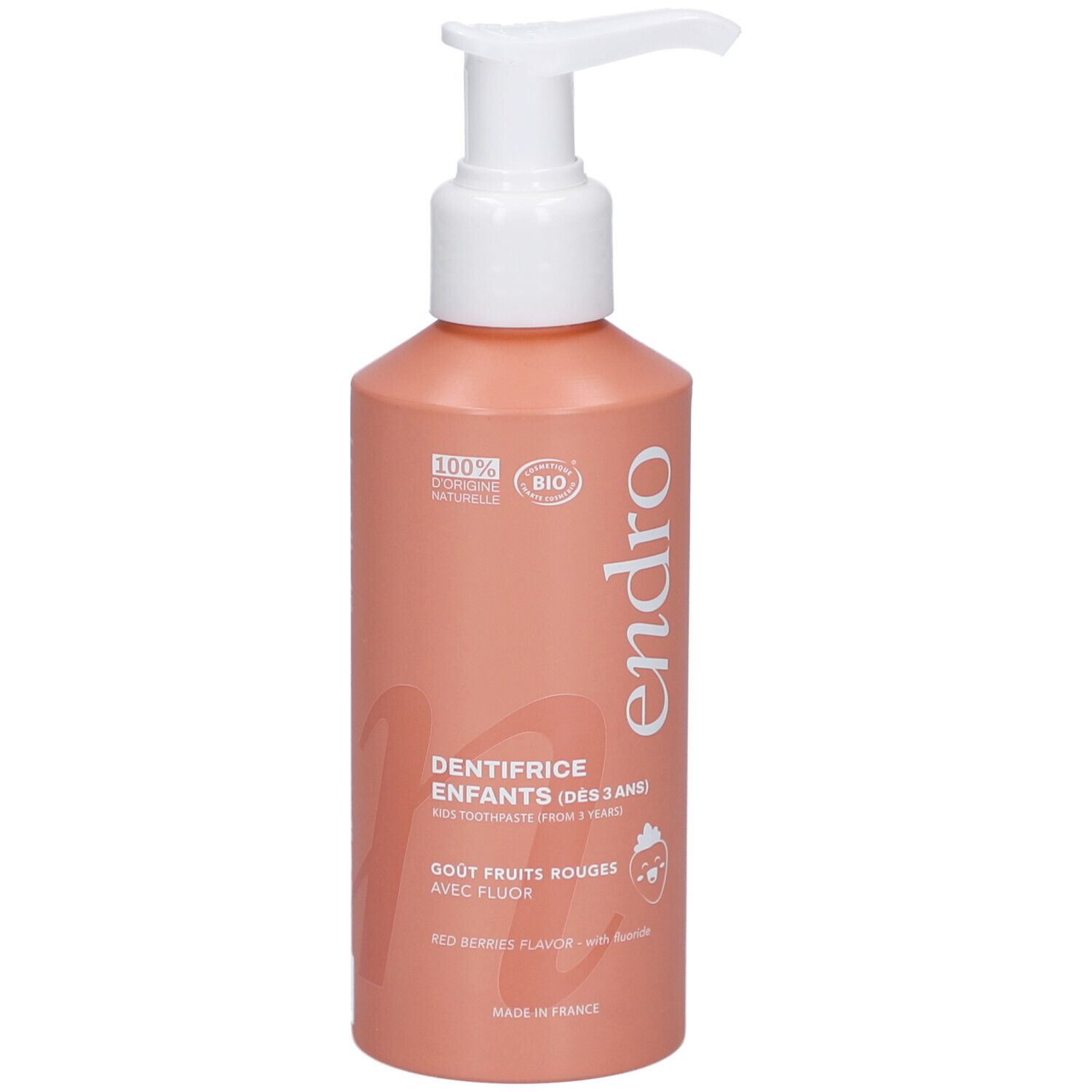 Flacon de dentifrice rouge avec pompe blanche. Inscriptions: endro, Dentifrice Enfants, Gout Fruits Rouges, avec Fluor. Certification Bio.