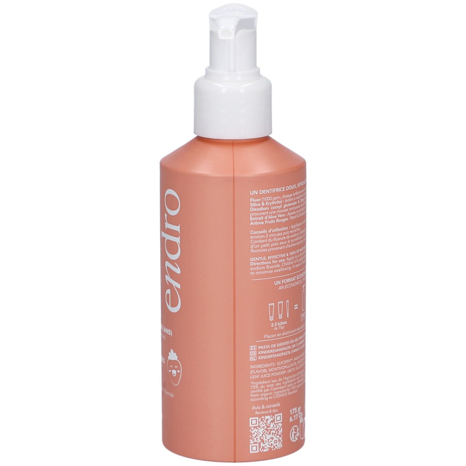 Dos du flacon de dentifrice rouge avec texte. Inscriptions: endro, Dentifrice Enfants, Gout Fruits Rouges, avec Fluor. Certification Bio.