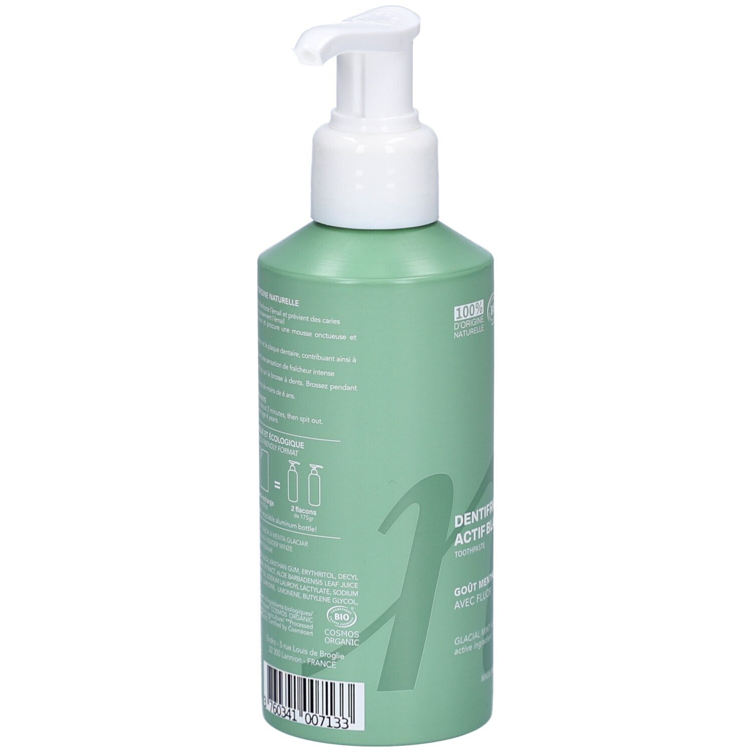 Dos du flacon vert. Informations textuelles, ingrédients et instructions. Certification Bio et code-barres.