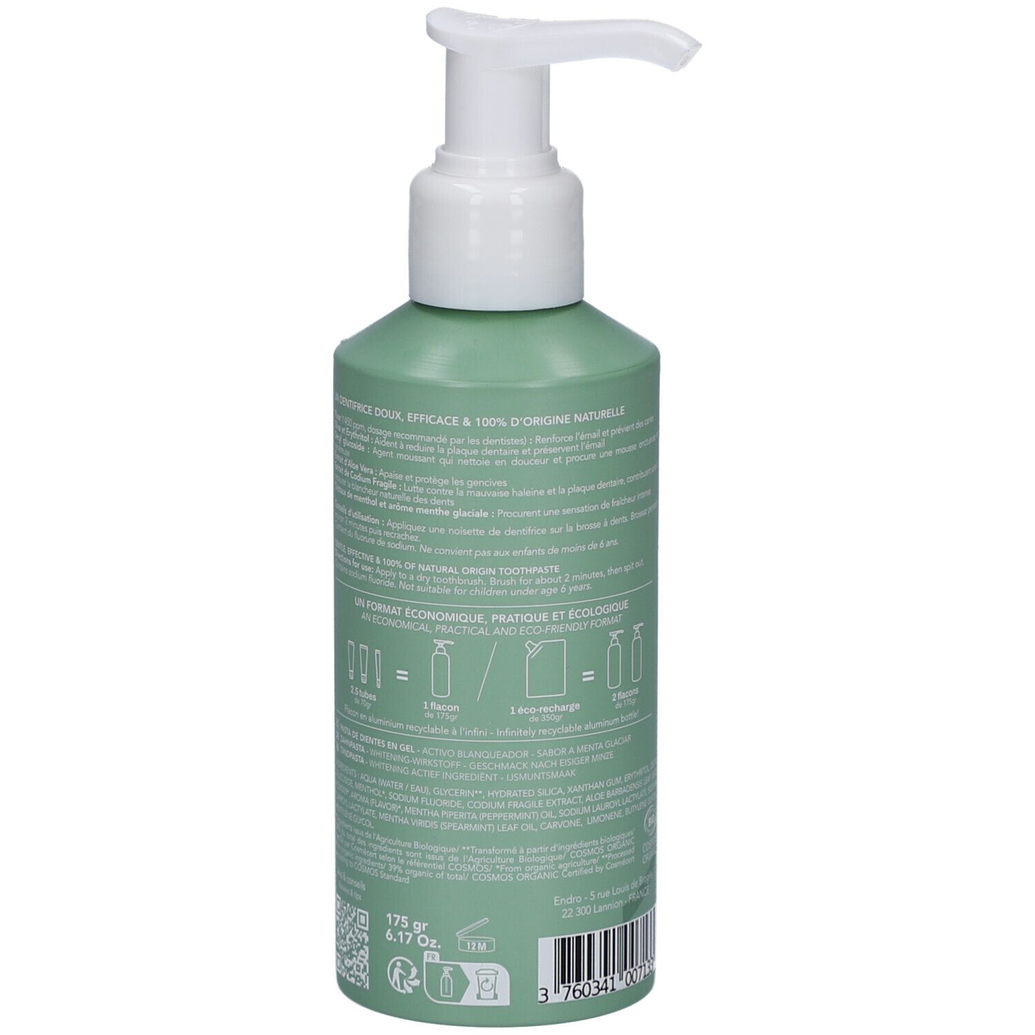 Dos du flacon vert. Informations textuelles, ingrédients, instructions. Poids 175g. Certification Bio.