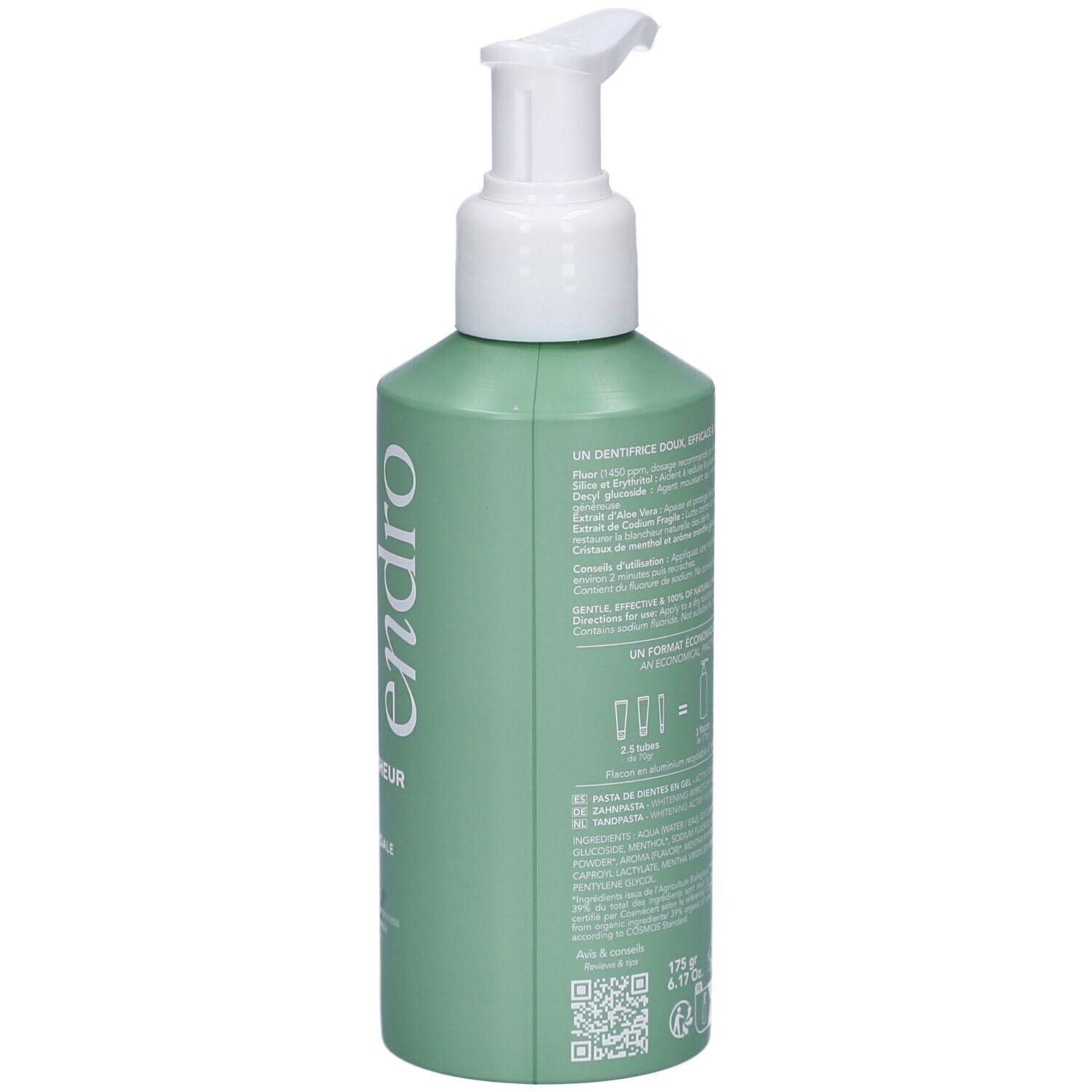 Dos du flacon vert. Informations textuelles, ingrédients, instructions. Certification Bio et code QR.