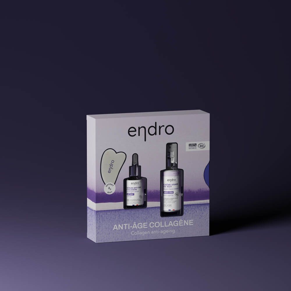 Coffret cadeau avec sérum, crème de nuit et Gua Sha. Emballage avec nom et logo du produit. Certification bio.