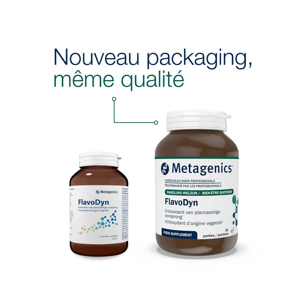 Deux flacons, un petit, un grand. Texte: Nouveau packaging, même qualité.
