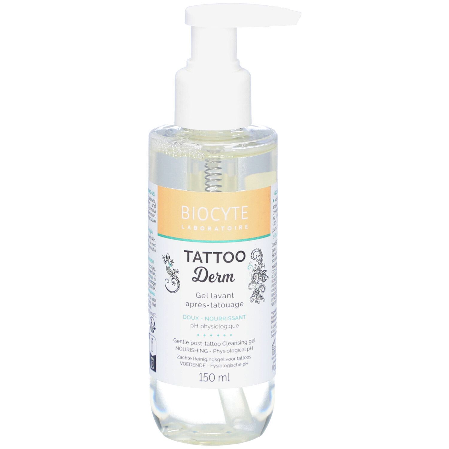 Flacon transparent avec pompe blanche. Inscription: Biocyte, Tattoo Derm, Gel Lavant. Contenance: 150 ml.