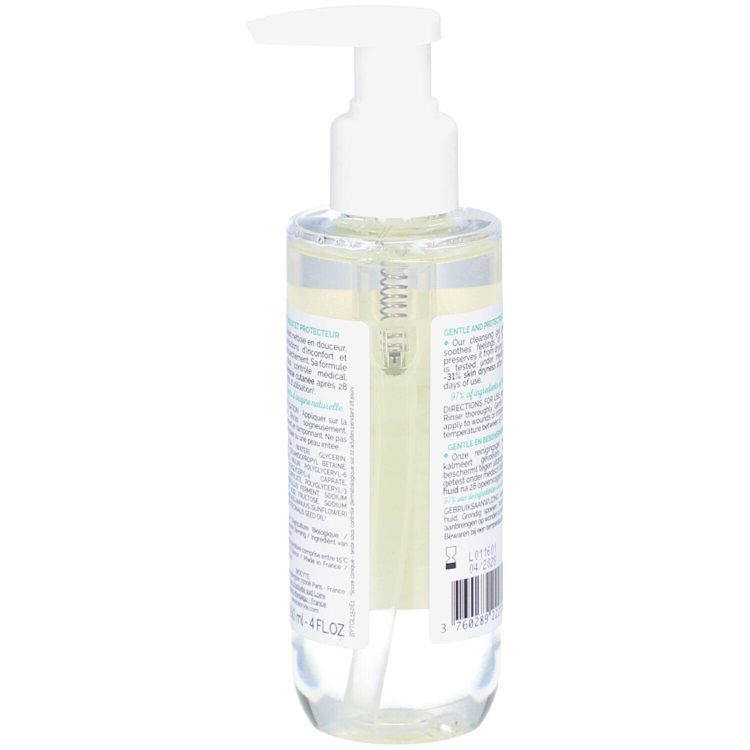 Vue arrière du flacon. Texte et code-barres visibles. Volume: 4 FL.OZ.