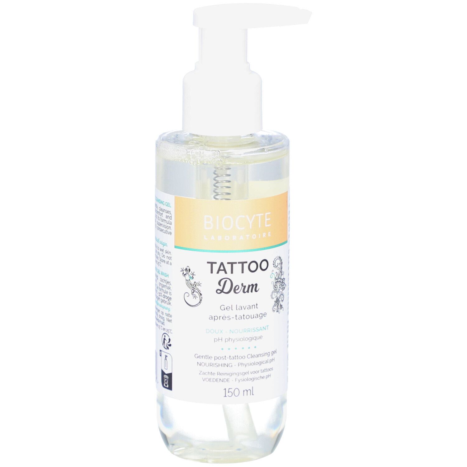 Flacon transparent avec pompe blanche. Inscription: Biocyte, Tattoo Derm, Gel Lavant. Contenance: 150 ml.