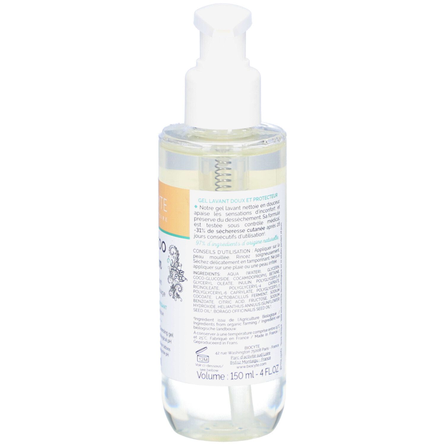 Dos du flacon avec texte. Contient des informations sur le produit et les ingrédients. Volume: 150 ml - 4 FL.OZ.