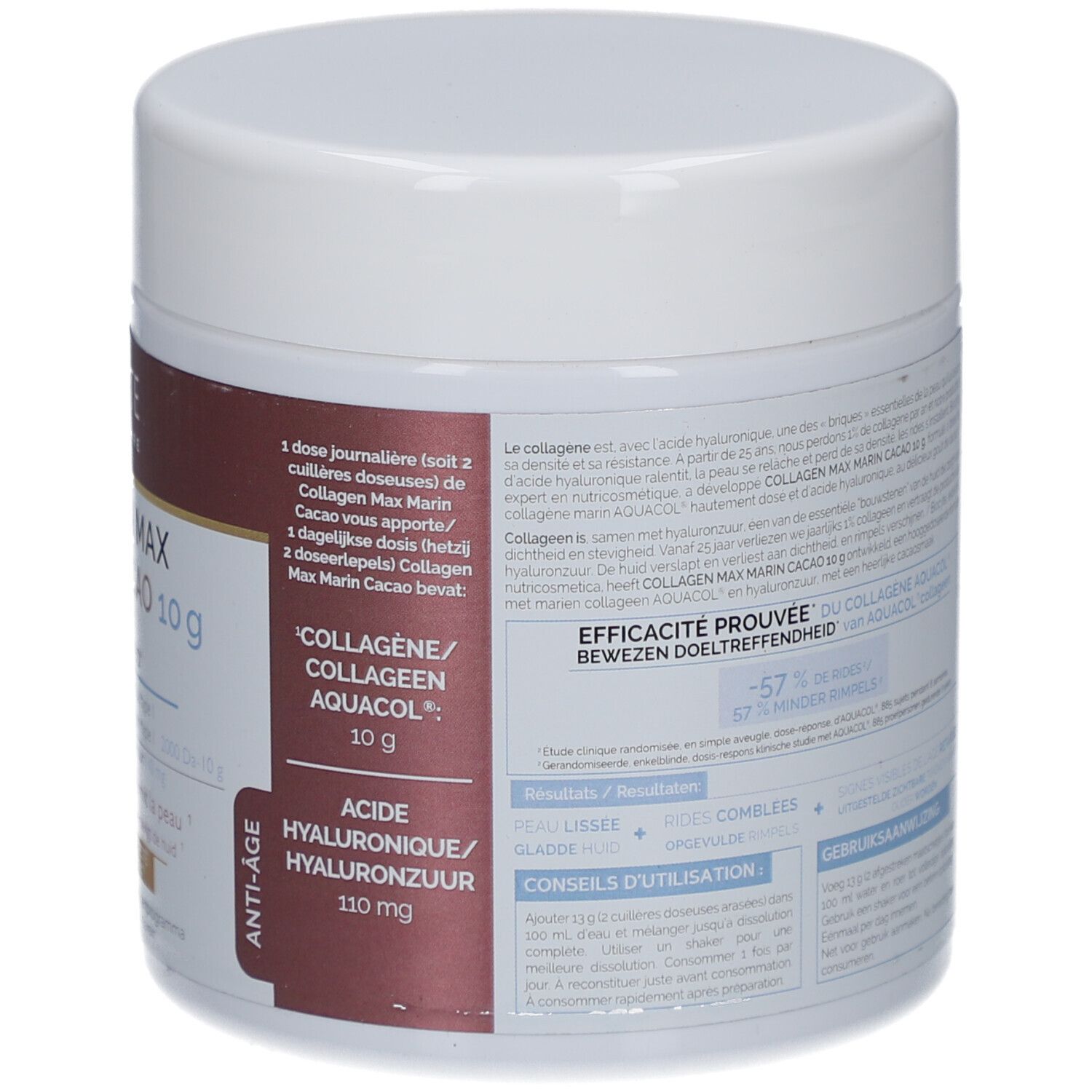 Dos du pot blanc. Informations textuelles et résultats. Marque: Biocyte.