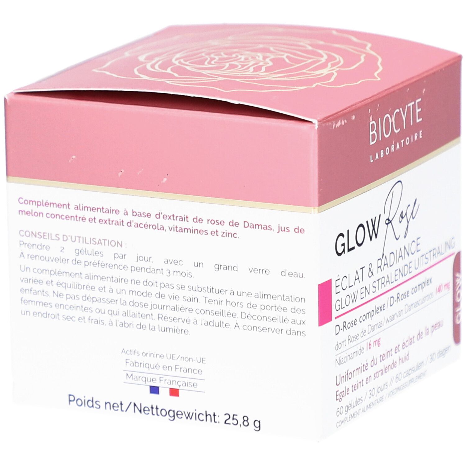 Boîte rose avec informations produit. Contient 60 gélules. Texte en français et néerlandais. Poids net : 25,8 g.