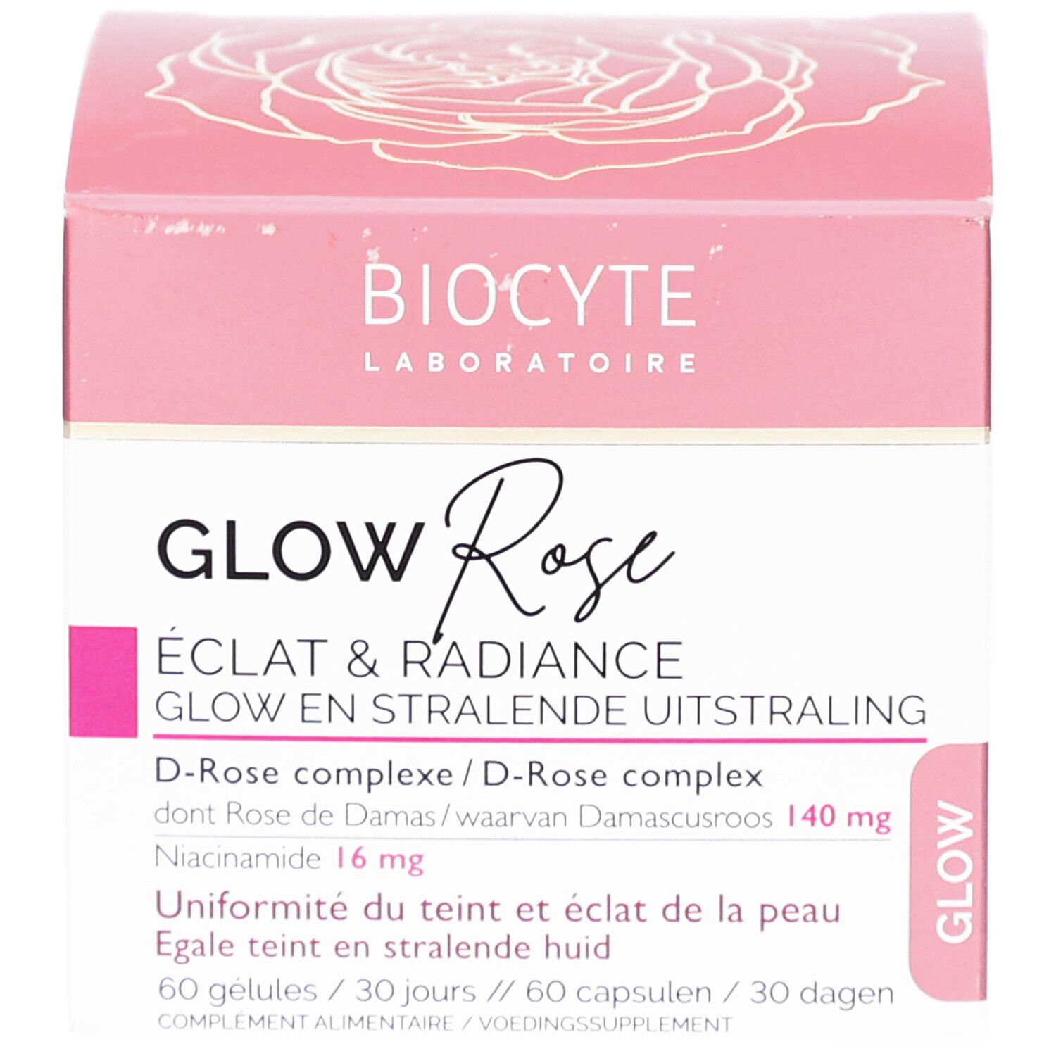Boîte rose avec nom et détails du produit. Contient 60 gélules. Texte en français et néerlandais.