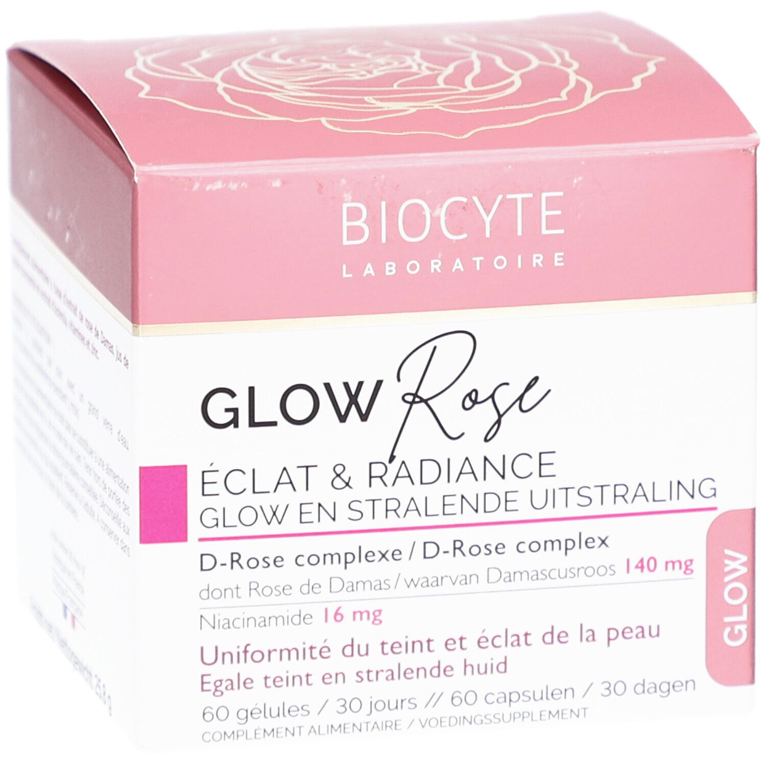 Boîte rose avec nom et détails du produit. Contient 60 gélules. Texte en français et néerlandais.